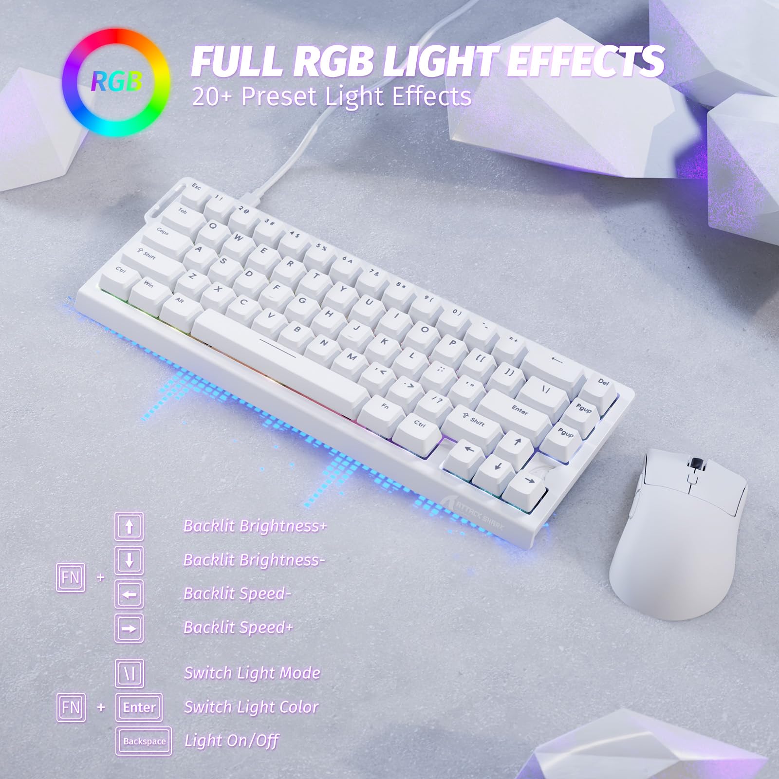 ATTACK SHARK X68 HE & R1 Combo Gaming Teclado y Ratón, Teclado 8000Hz con Cable Rapid Trigger, Precisión 0,01 mm, Snap Tap, 59g Ratón Inalámbrico Superlight, 18000DPI, BT/2.4G/USB-C, Blanco