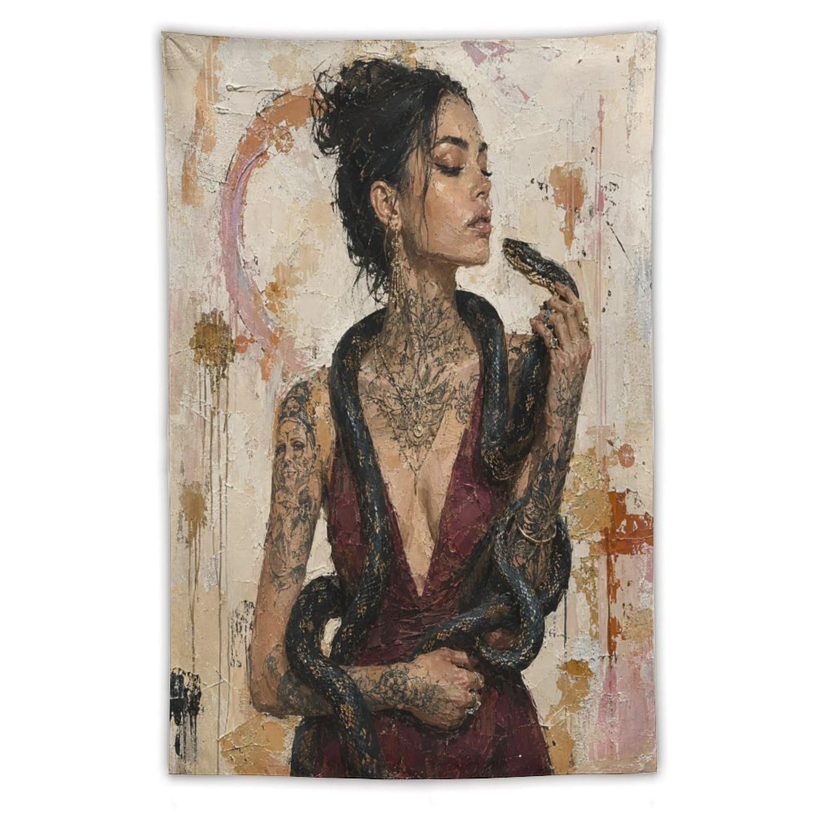 W7C8U2X3 Tattooed Woman with Wine Wall Tapestry, Oil Painting, Apartment
