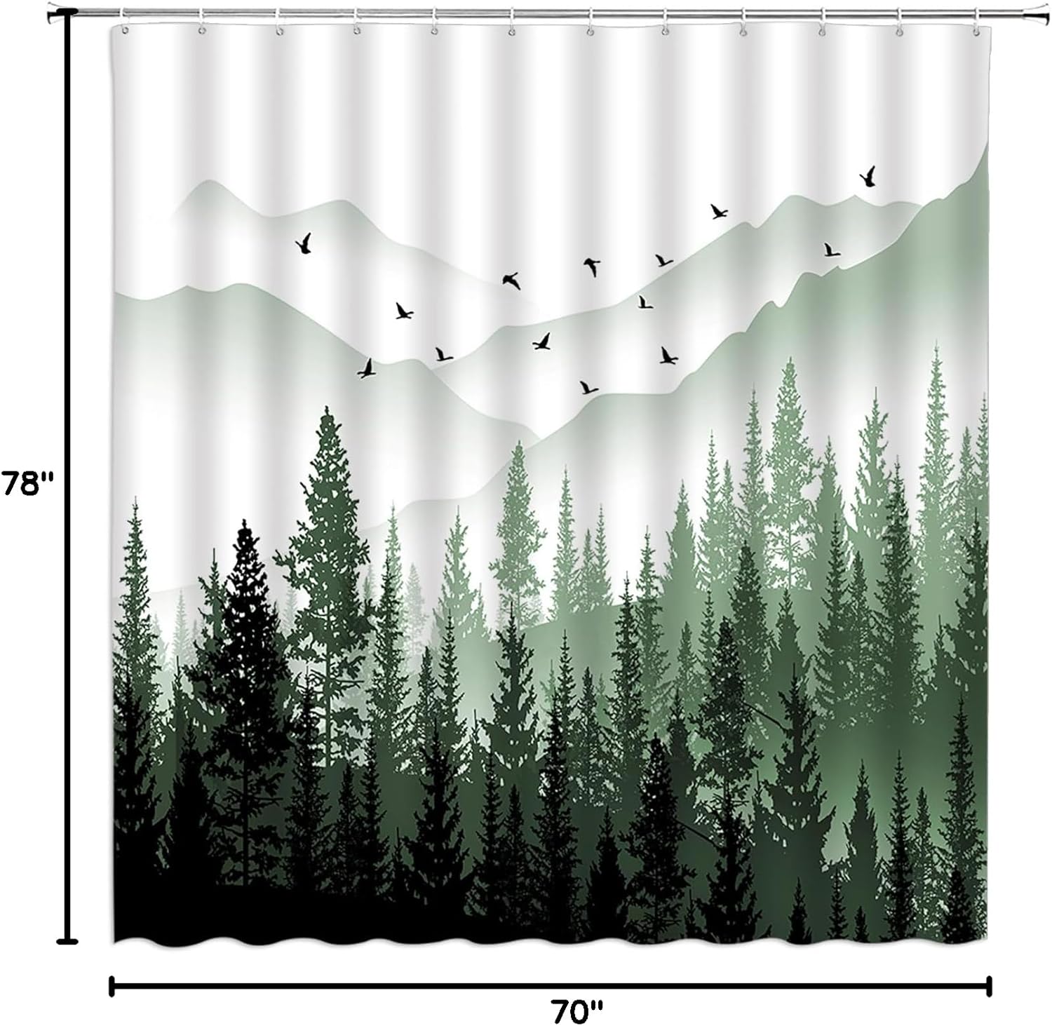 Green Misty Forest Mountain Shower Curtains Fog Magic Winter Pine Tree Sage Green Jungle Plant Rustic Mysterious Nature Scenery Landscape Rainforest Woodsy Fabric Bath Curtain with Hook