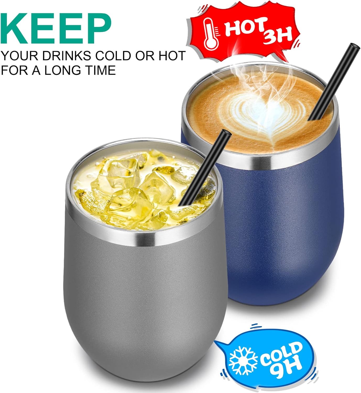 VEGOND Wine Tumblers Bulk 12 Pack, 12oz Stainless Steel Stemless Wine Glass with Lids and Straws, Double Wall Vacuum Insulated Tumbler Cup, Coffee Mug for Cold Hot Drinks - Image 4