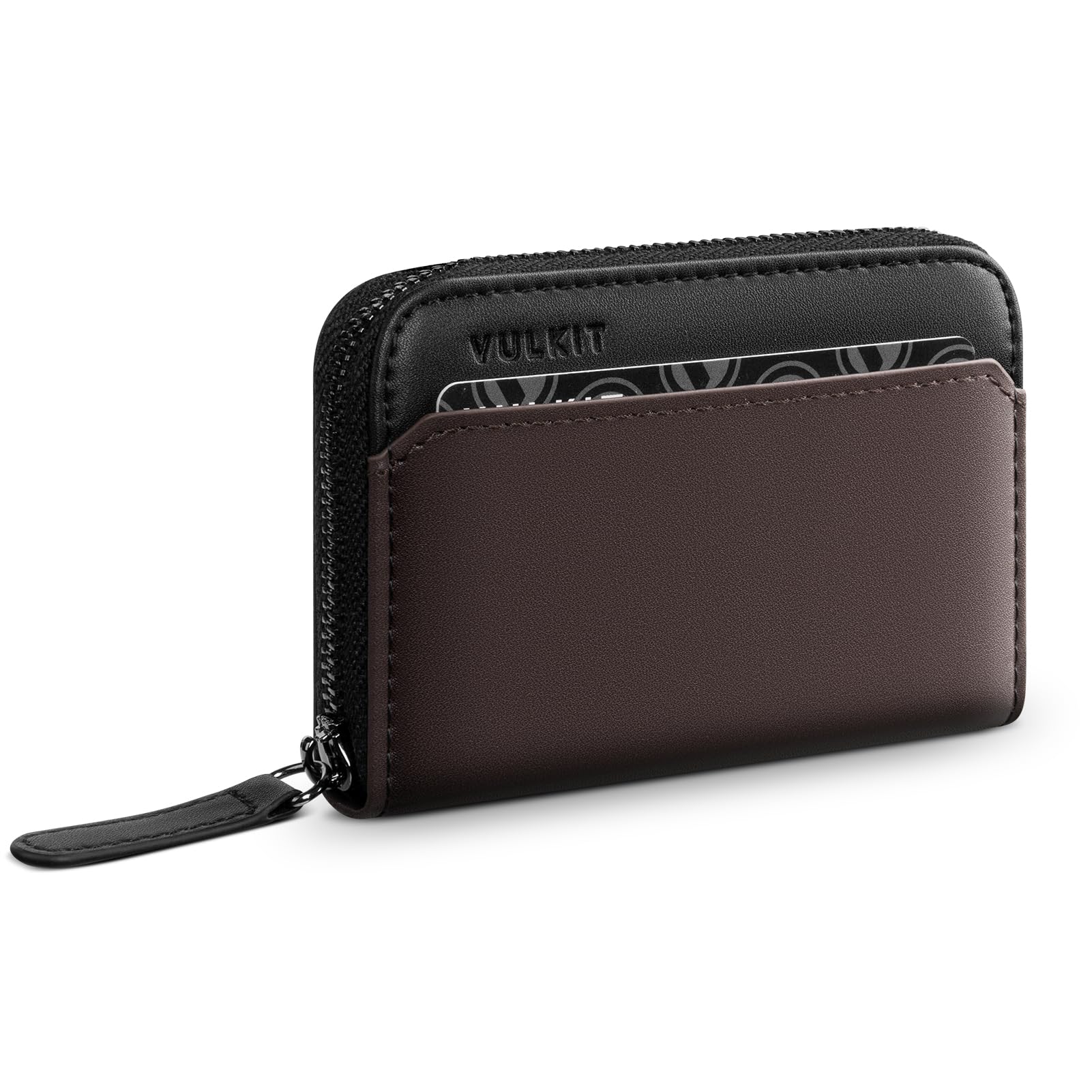 VULKIT RFID Blocking Credit Card Holder, Leather Business Card Holder Case, Minimalist Zipper Wallet, Walnut Brown