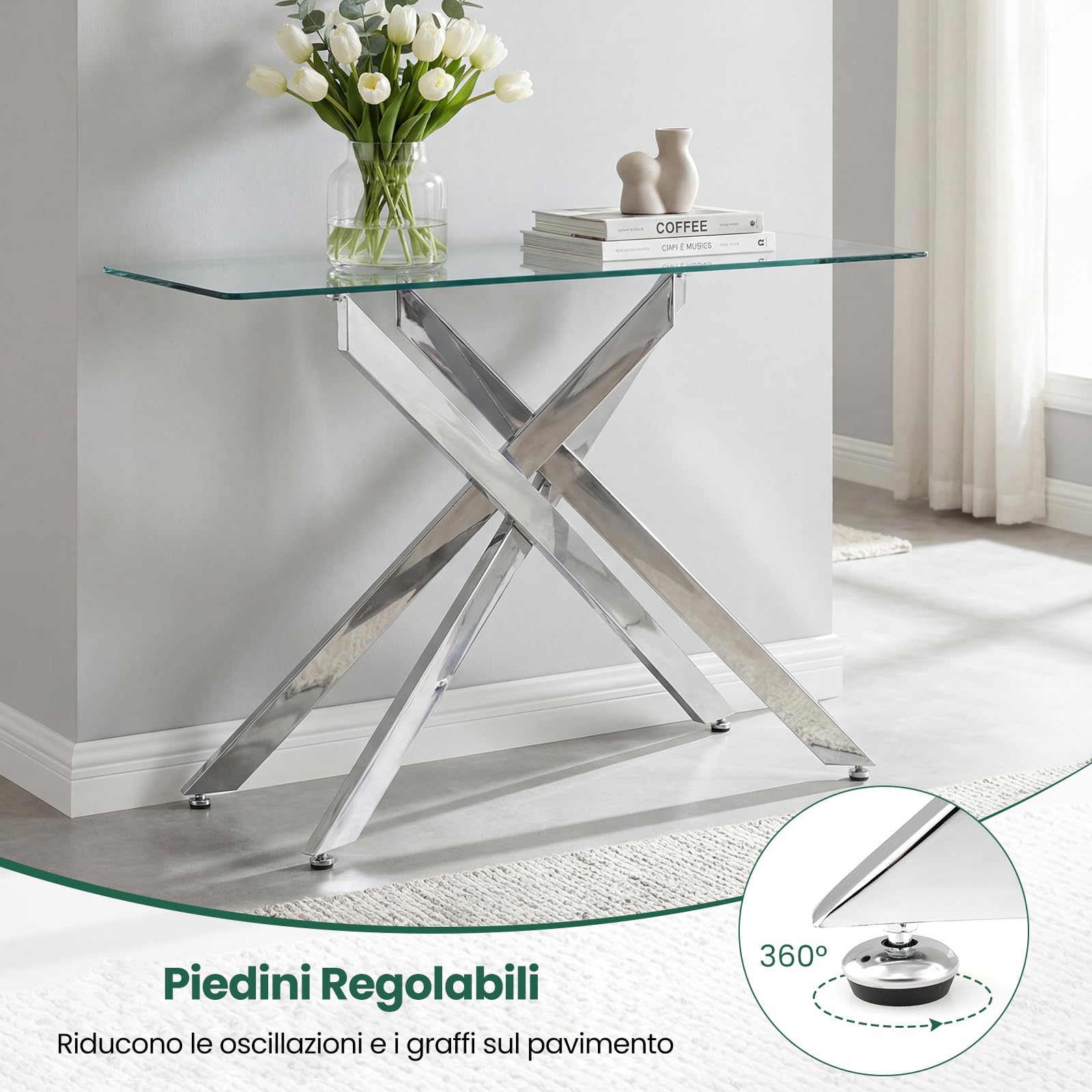 COSTWAY Consolle Ingresso in Vetro Temperato, Tavolo d'Ingresso con Gambe Incrociate in Metallo Placcato e Piedini Regolabili Antiscivolo, Tavolo per Corridoio, Entrata e Salotto (Argento)