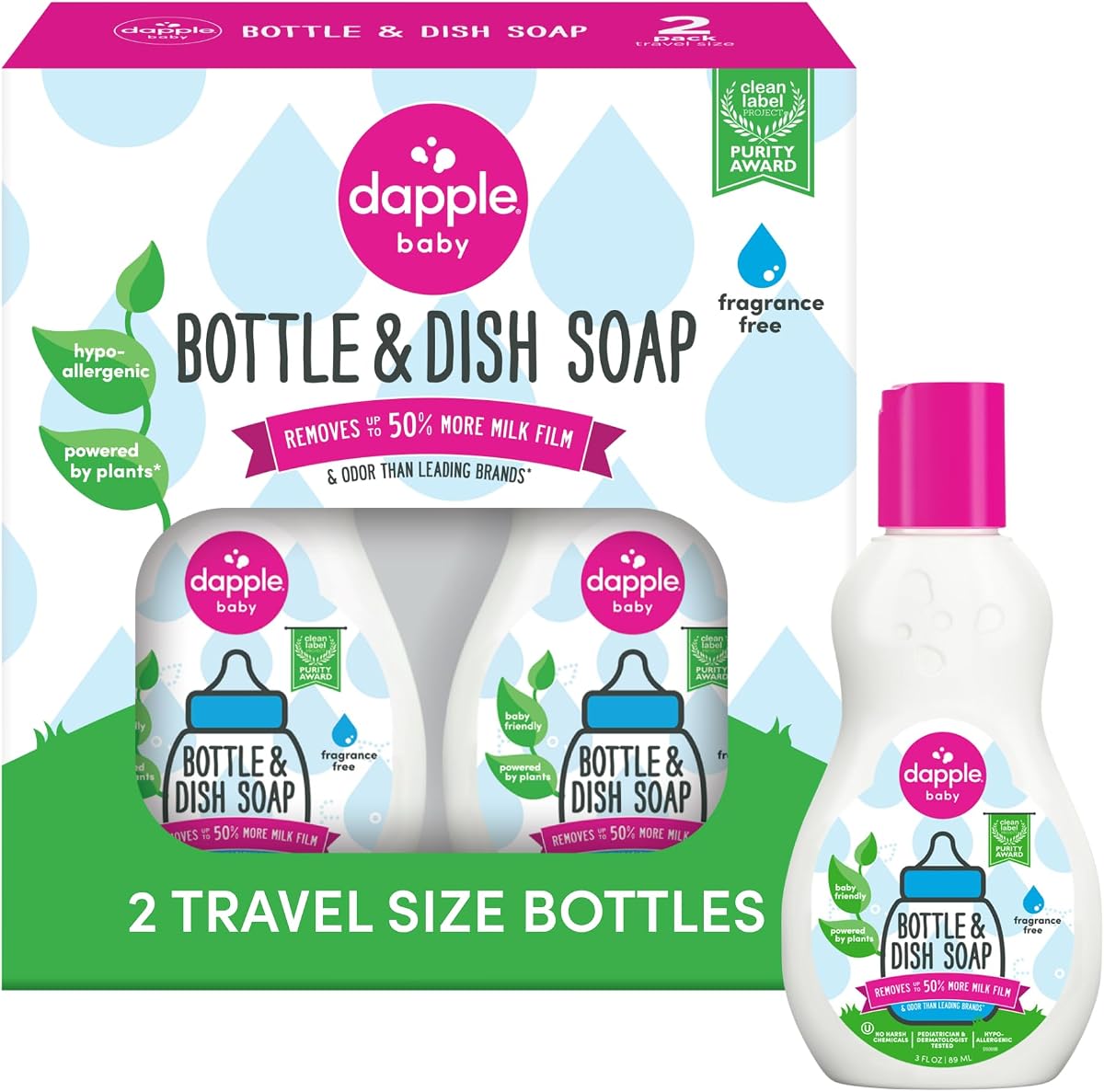 Dapple Baby Jabón para biberones y platos sin fragancia - (paquete de 2) 3 fl oz - Limpiador a base de plantas para biberones, piezas de bomba y vasos para sorber - Tamaño de viaje