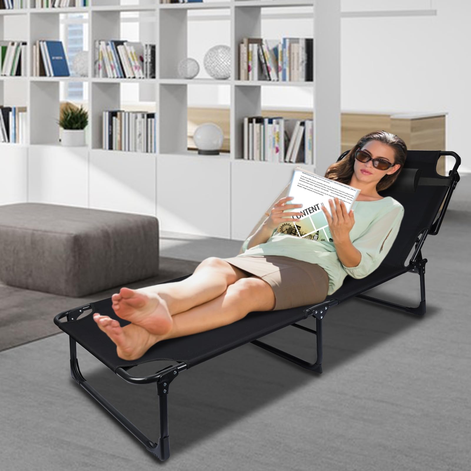 lit pliant 1 personne,Camping lit de bébé,réglable 4-position adultes s'étendant chaise pliante avec oreiller,chaise longue extérieure de bébé, parfait pour le bureau,piscine,plage,patio (noir)