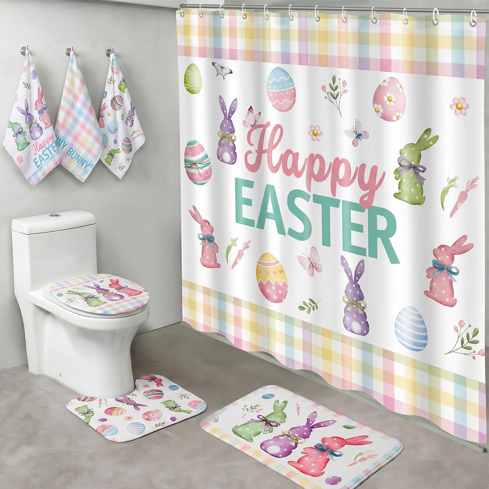 Haull 7 Pcs Easter Shower Curtain Bathroom Set Bunny Eggs Non Slip Rug Toilet Lid Cover Bath Mat Towels Decor with 12 Hooks Happy Easter Waterproof Shower Curtain for Spring Pastel Bathroom Set Decor
