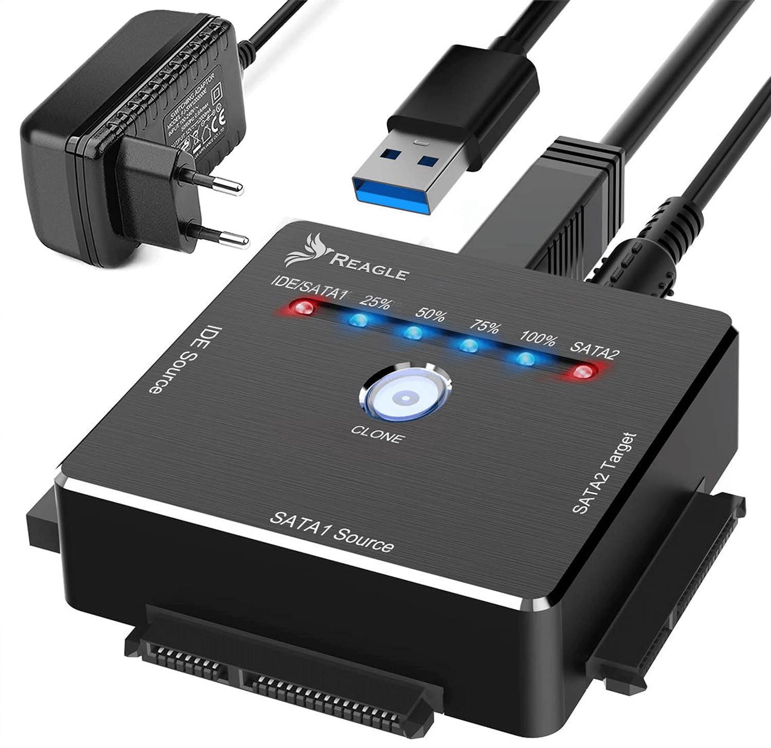 Reagle Adaptador USB SATA IDE con Función de Clonación Offline, Convertidor HDD SSD hasta 16TB, USB 3.2 Gen 1 5Gb/s, para Discos 2,5 y 3,5 Pulgadas SATA I/II/III IDE, Lectores CD DVD, Windows Mac