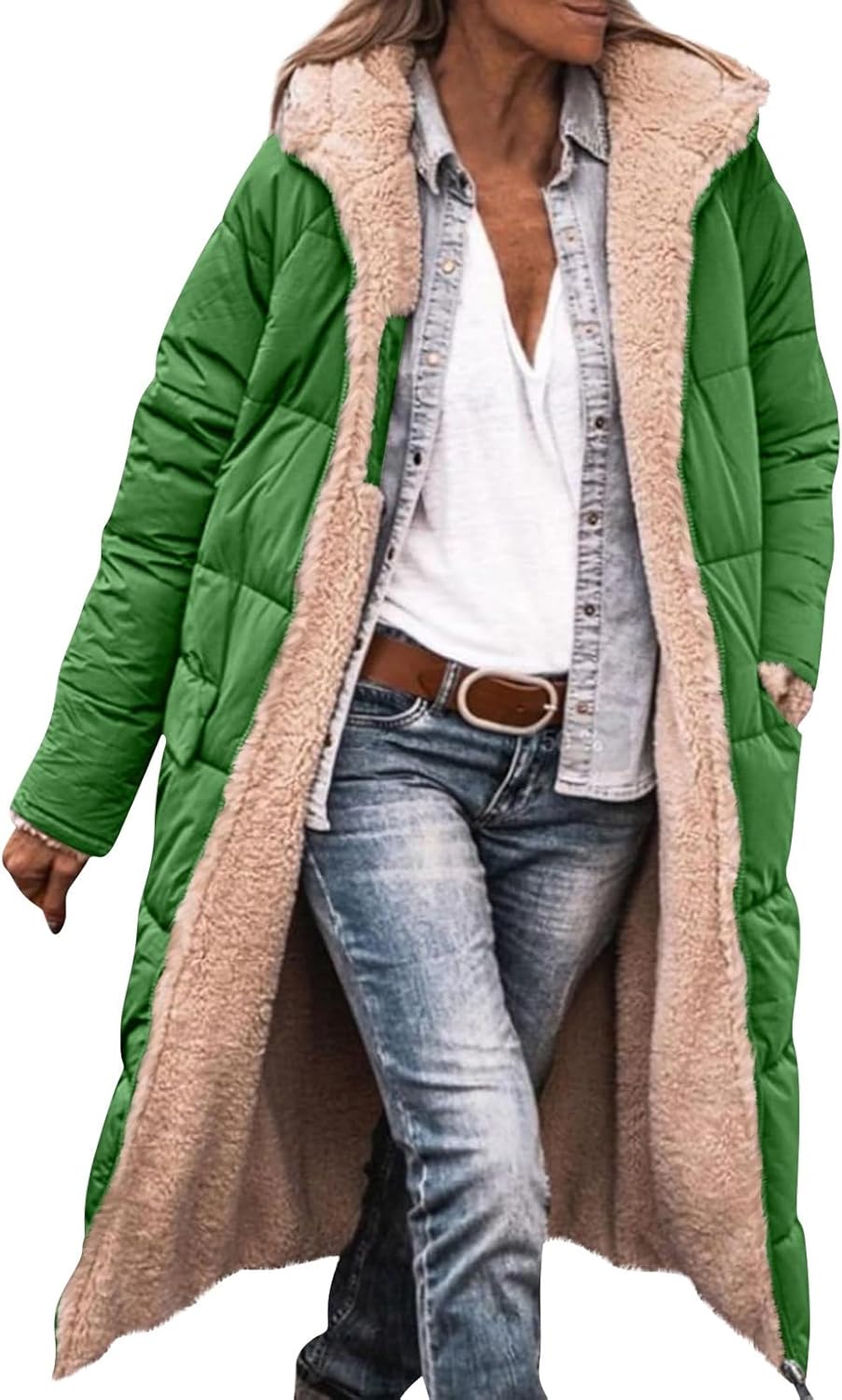 Générique Doudoune Femme Hiver, Manteau Femme Hiver, Veste Polaire Longue RéVersible Veste Chaude En Peluche à Capuche Veste MatelasséE éPaissie Avec Poches Parka D'ExtéRieur, Beige, S