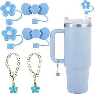 Silicone Straw Cover Caps for Stanley Cup 30 & 40 Oz Tumbler,4 pcs Colourful Flower Straw Tips and 2 pcs Handle Charms Set for Stanley Cup Accessories(blue)