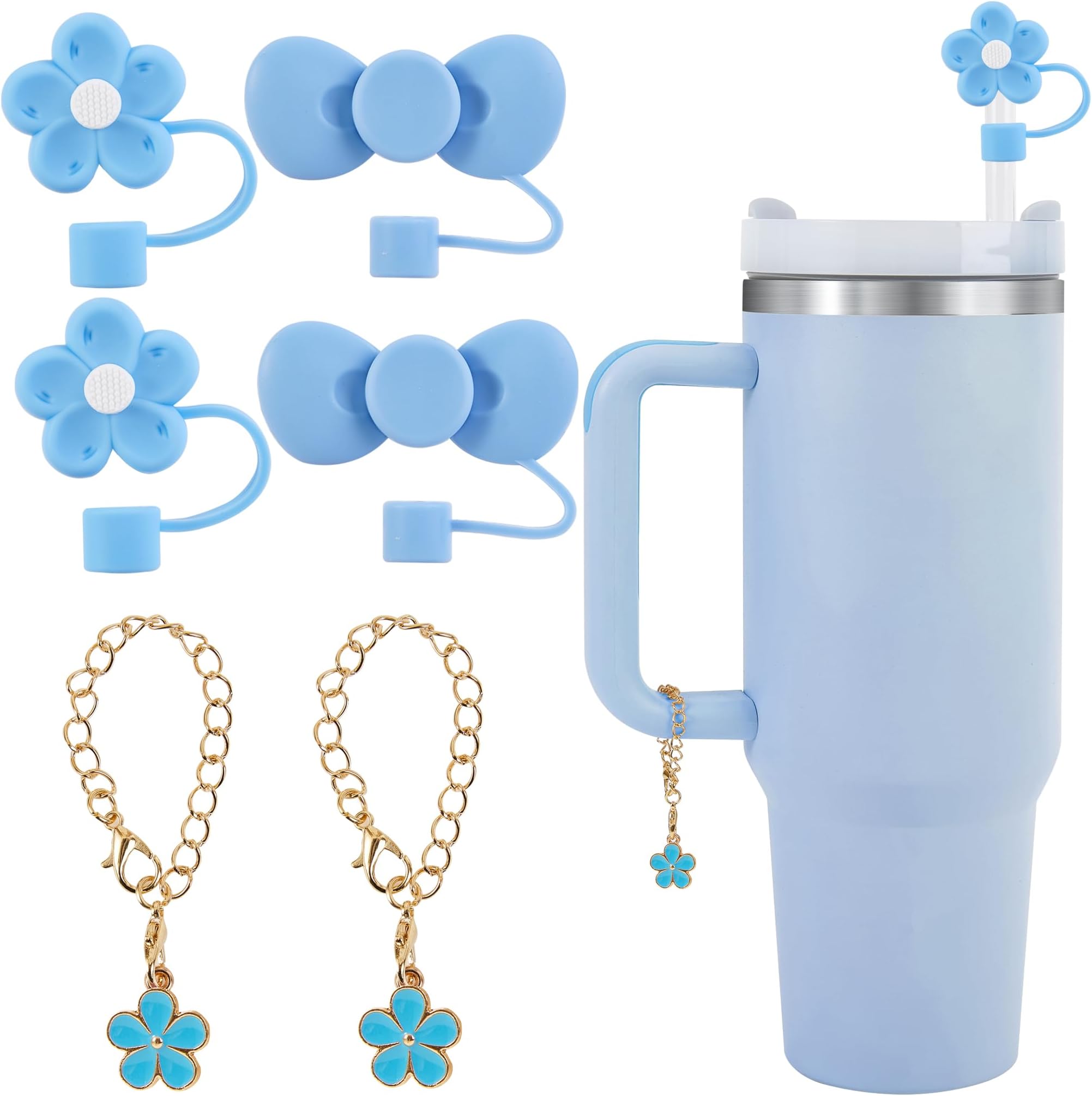 Silicone Straw Cover Caps for Stanley Cup 30 & 40 Oz Tumbler,4 pcs Colourful Flower Straw Tips and 2 pcs Handle Charms Set for Stanley Cup Accessories(blue)