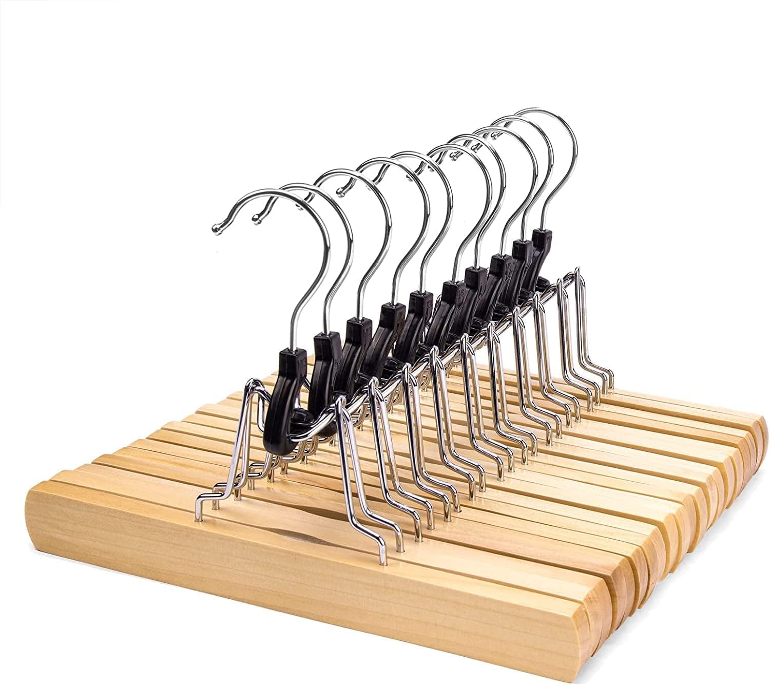 24-Pack Wooden Non Slip Pants Hangers, Solid Wood Clamp Hangers with Soft Felt Lining, 360° Swivel Skirts Hangers for Jeans, Slacks, Trousers, Shorts