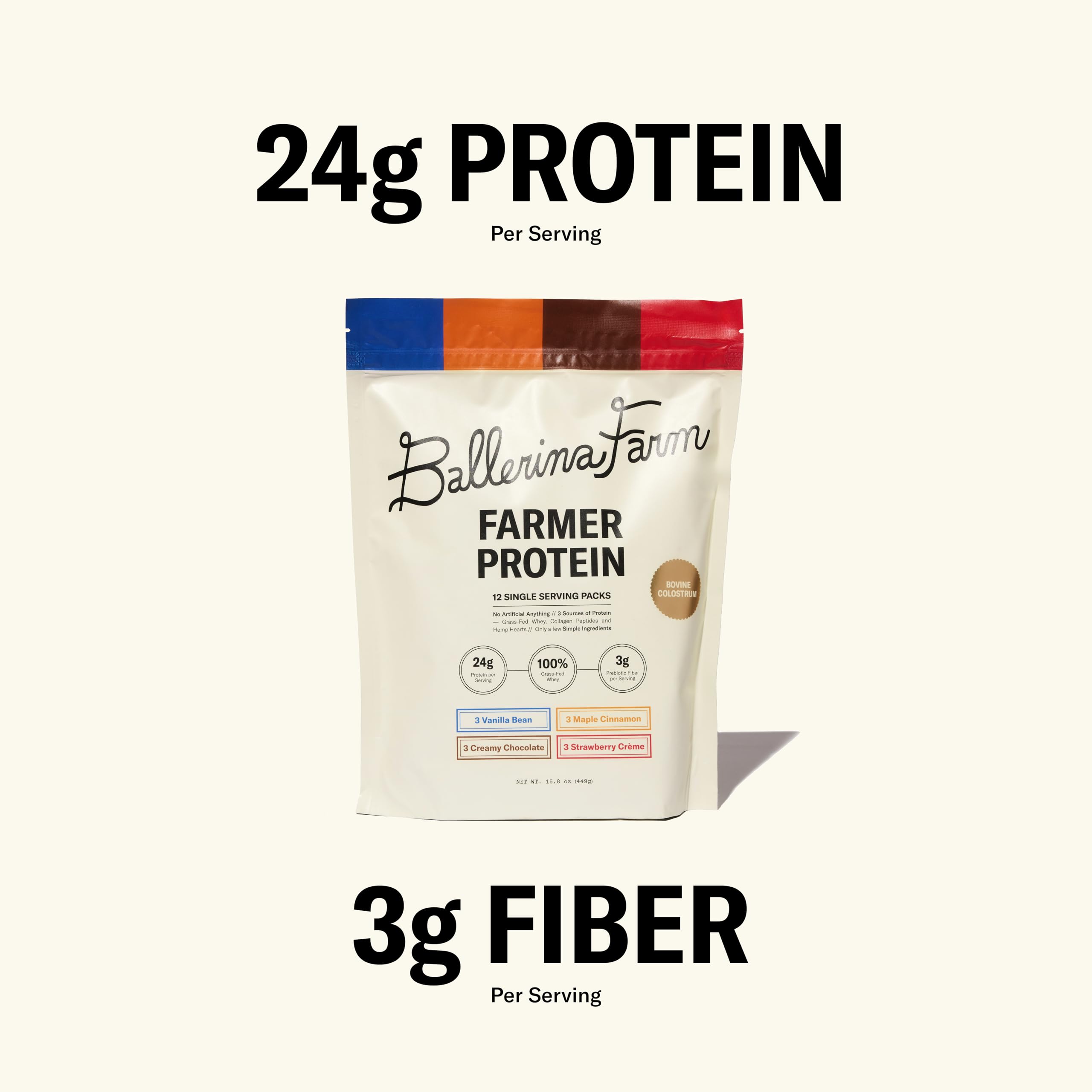 Ballerina Farm Grass Fed Whey Protein Powder, 4 Flavor Variety Pack, 24g Protein with Collagen Peptides, Bovine Colostrum, Hemp Hearts & Prebiotic Fiber, No Artificial Ingredients, 12 Servings — Amazon image 7