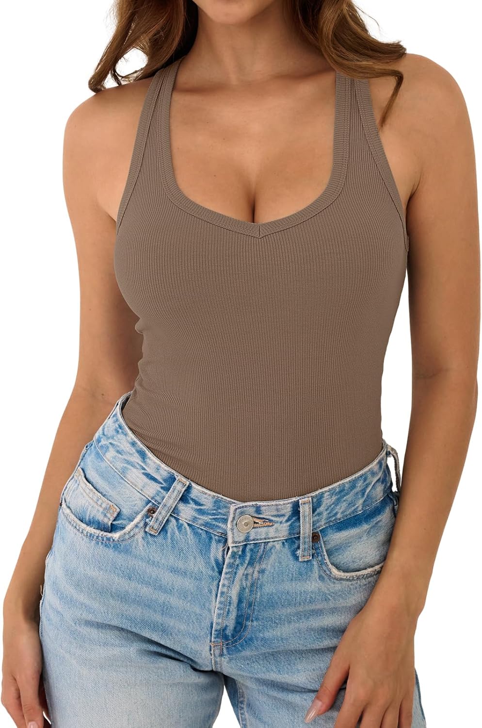 Womens Sleeveless Tank Top Form Fitting Spaghetti Strap V Neck Ribbed Knit Basic Cami Layering Shirts - Image 2