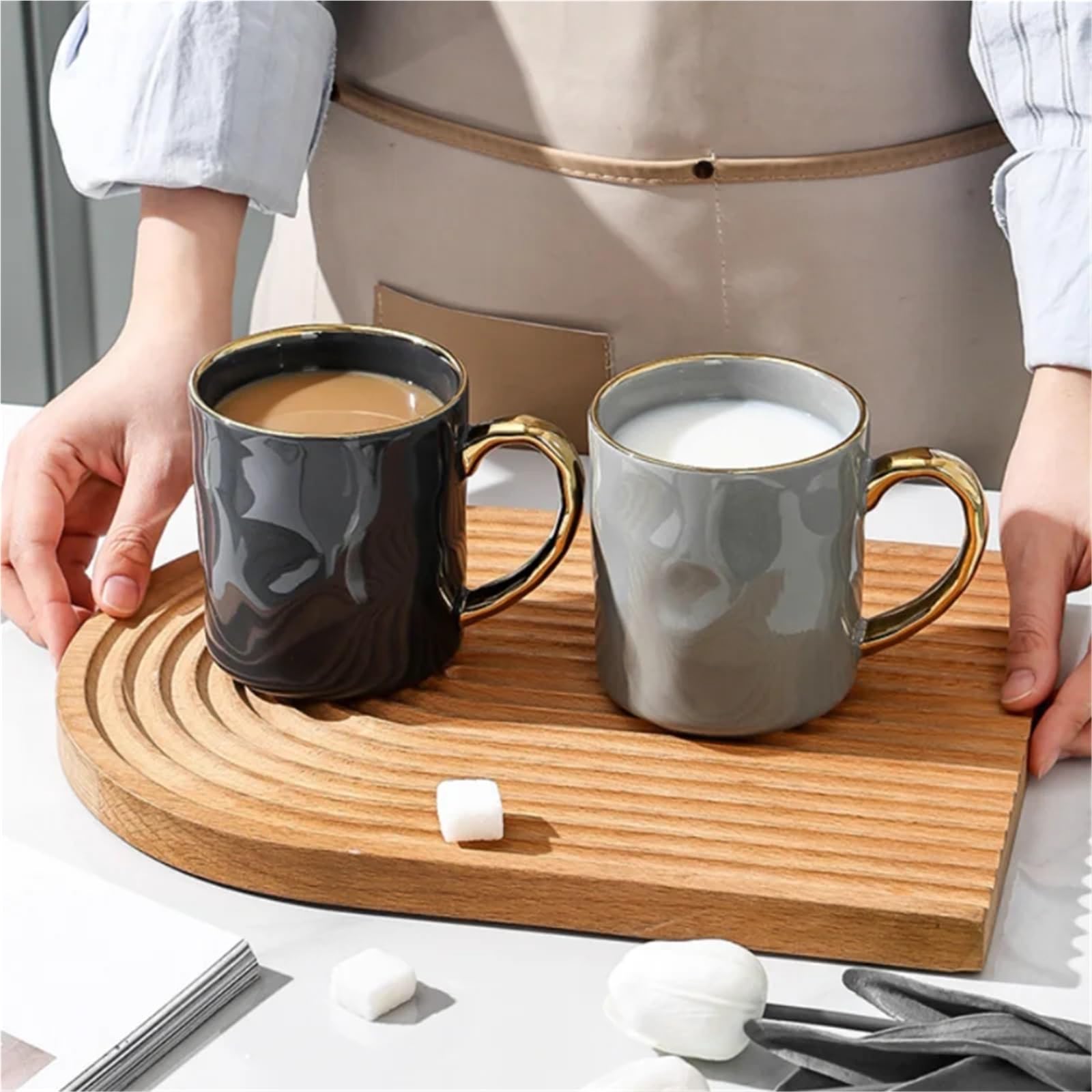 Taza con borde dorado y asa, tazas de café de cerámica, taza de té, leche, jugo, agua, regalo for pareja en casa, 2 uds. Para Boda(Light-grey)