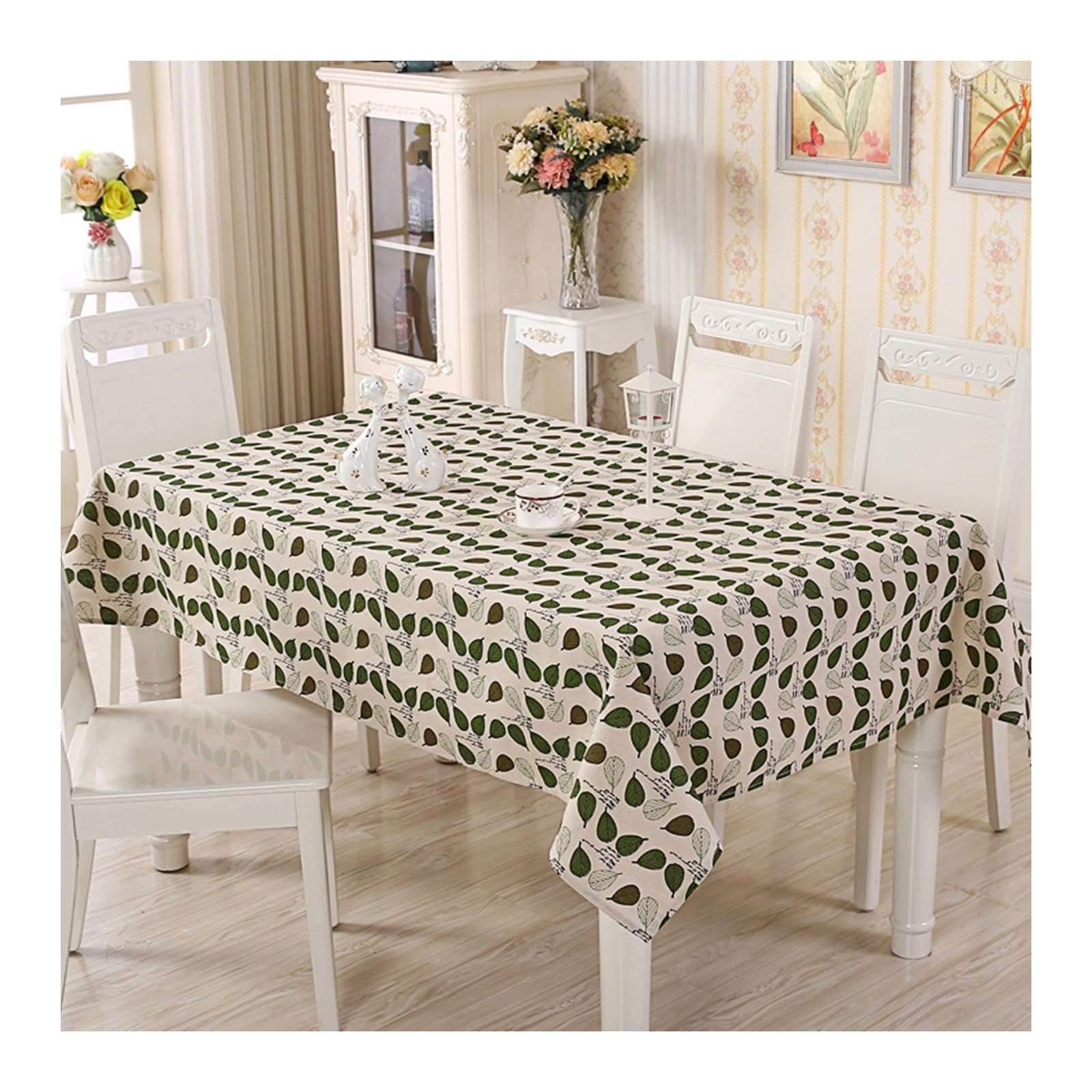 Nappe 140x220cm en coton à motifs feuilles vertes rectangulaire style 3