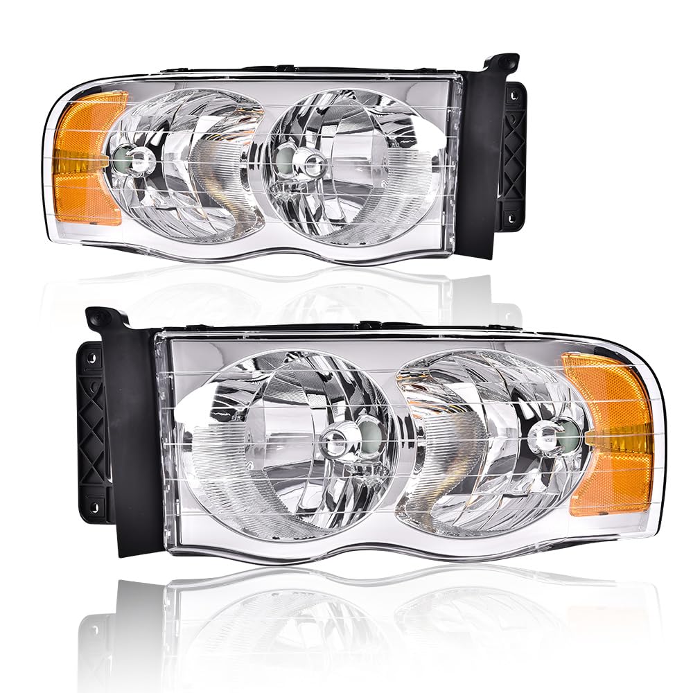 GRAND ORANGE Headlights Assembly Compatible with Dodge Ram 1500 2002-2005, Fit Dodge Ram 2500 3500 2003-2005 Left &amp; Right Headlamps Assembly, Clear Lens Chrome Housing Amber Reflector