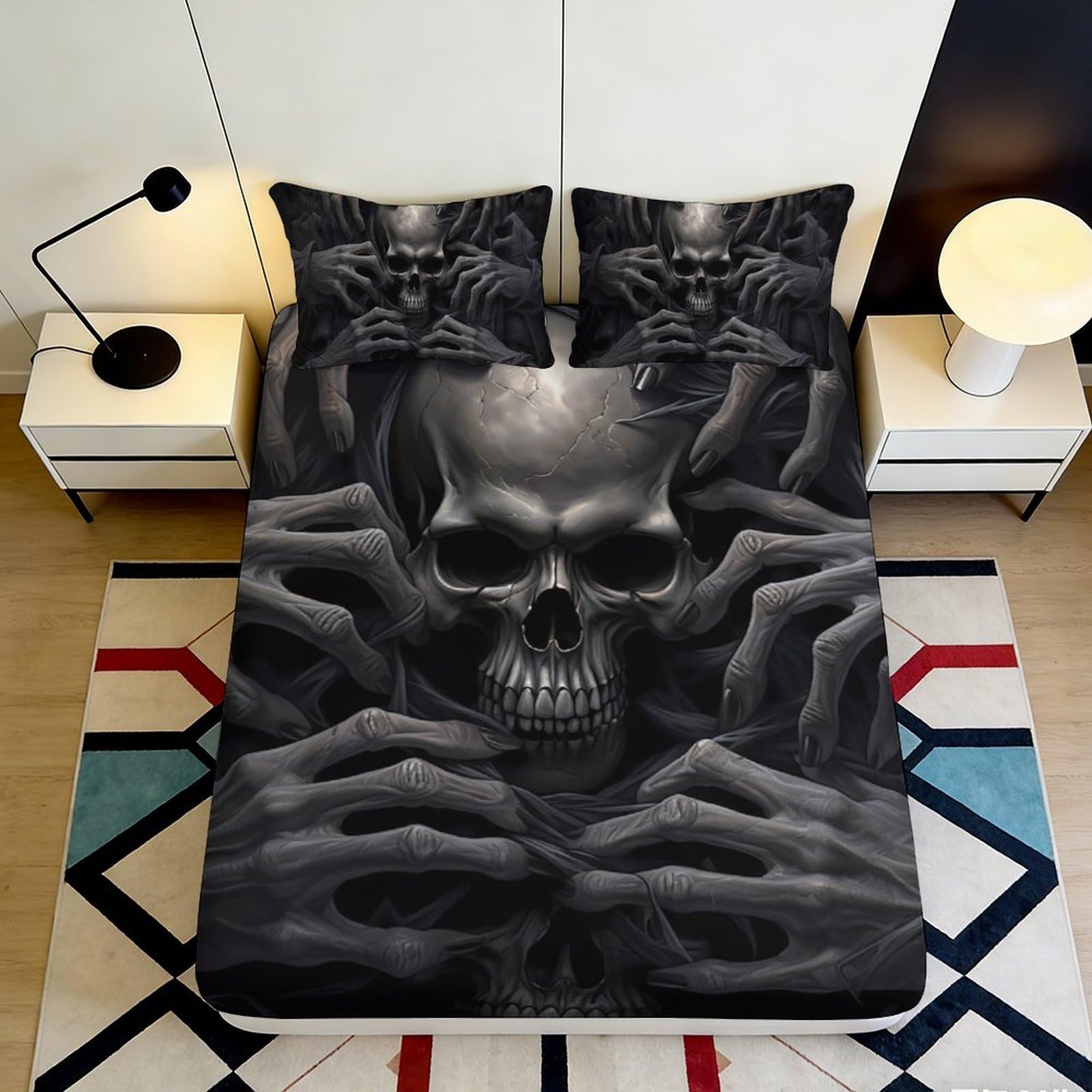 3D Printed Dark Skull Fitted Sheet Microfiber Bedroom Decor Gothic Skeleton Mattress Cover for Home Dorm Protection 90x200x25cm