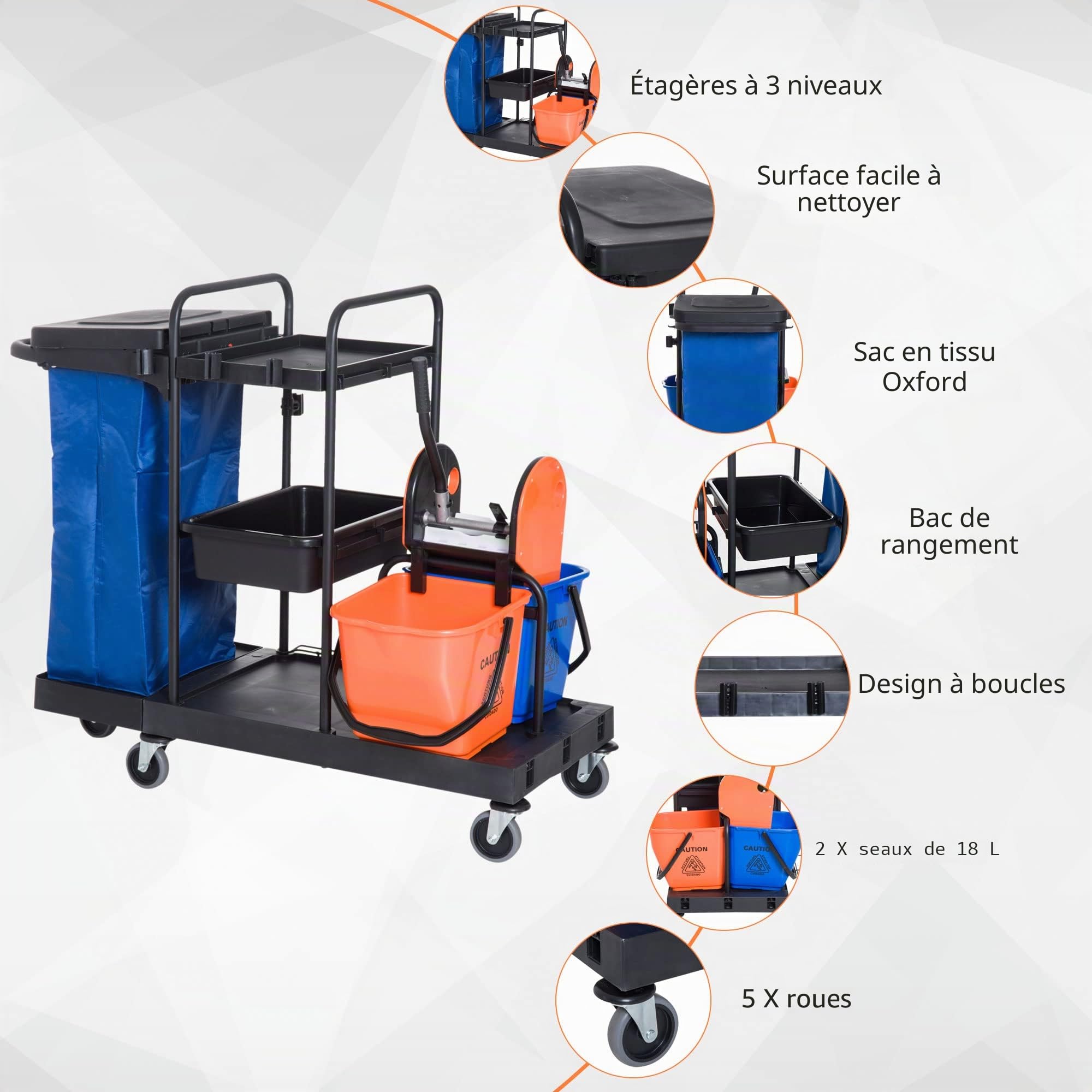 HOMCOM Chariot de Nettoyage avec 4 Roulettes Maniables - Noir, Bleu et Orange - 111 × 63,3 × 103 cm