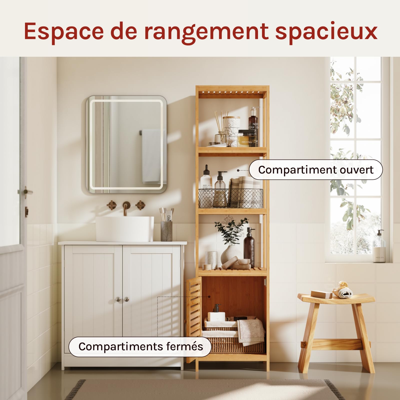 WOLTU Meuble Salle de Bain Bambou, Étagère Colonne pour Salle de Bain | avec 4 Tablettes Ouvertes, 1 Placard avec Porte à Lamelles, 36x33x140cm