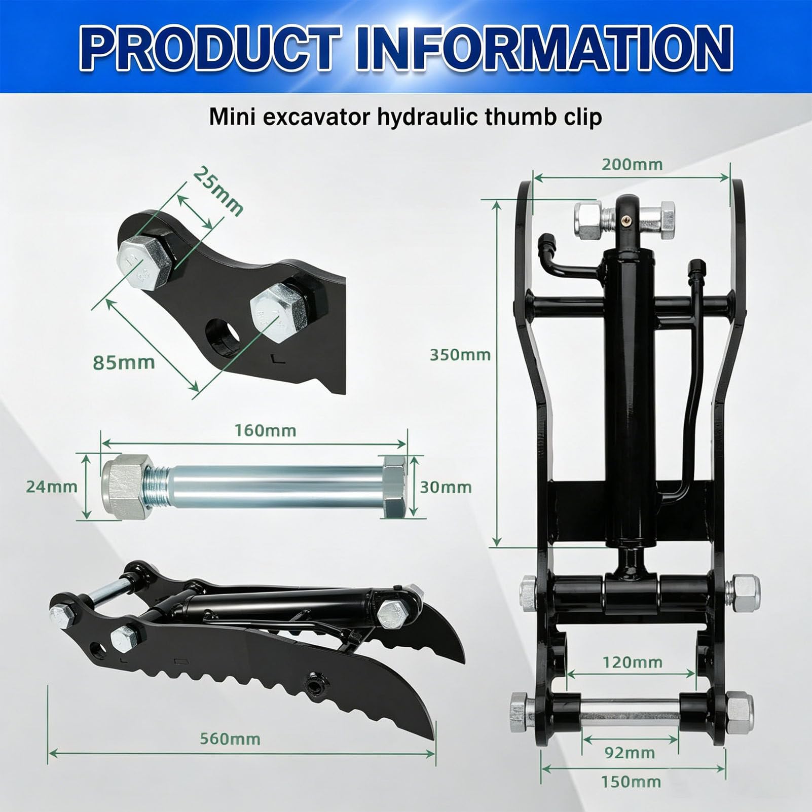 Kit de Pulgar hidráulico Ajustable de Acero Reforzado para miniexcavadora Single-HoleThumbClip | Pinza de pulgar hidráulico con manguera y tornillos para excavadoras pequeñas de menos de 2 toneladas