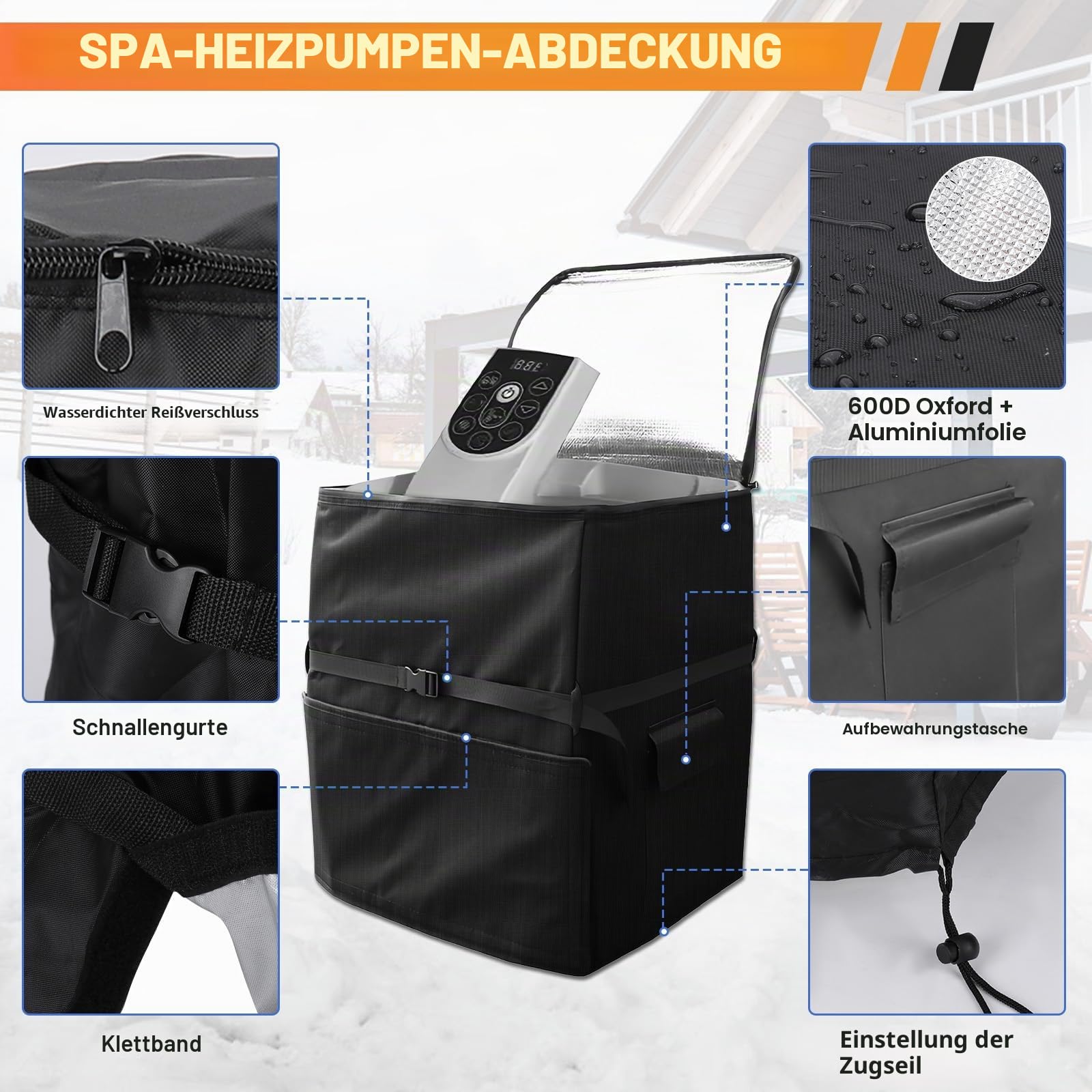 Whirlpool-Pumpenabdeckung mit Isolierung, 600D Oxford-Stoff Spa-Heizpumpenabdeckung mit Aufbewahrungstasche, Verstellbare Träger Whirlpool-isolierte Aufblasbare Badewannenpumpenabdeckung