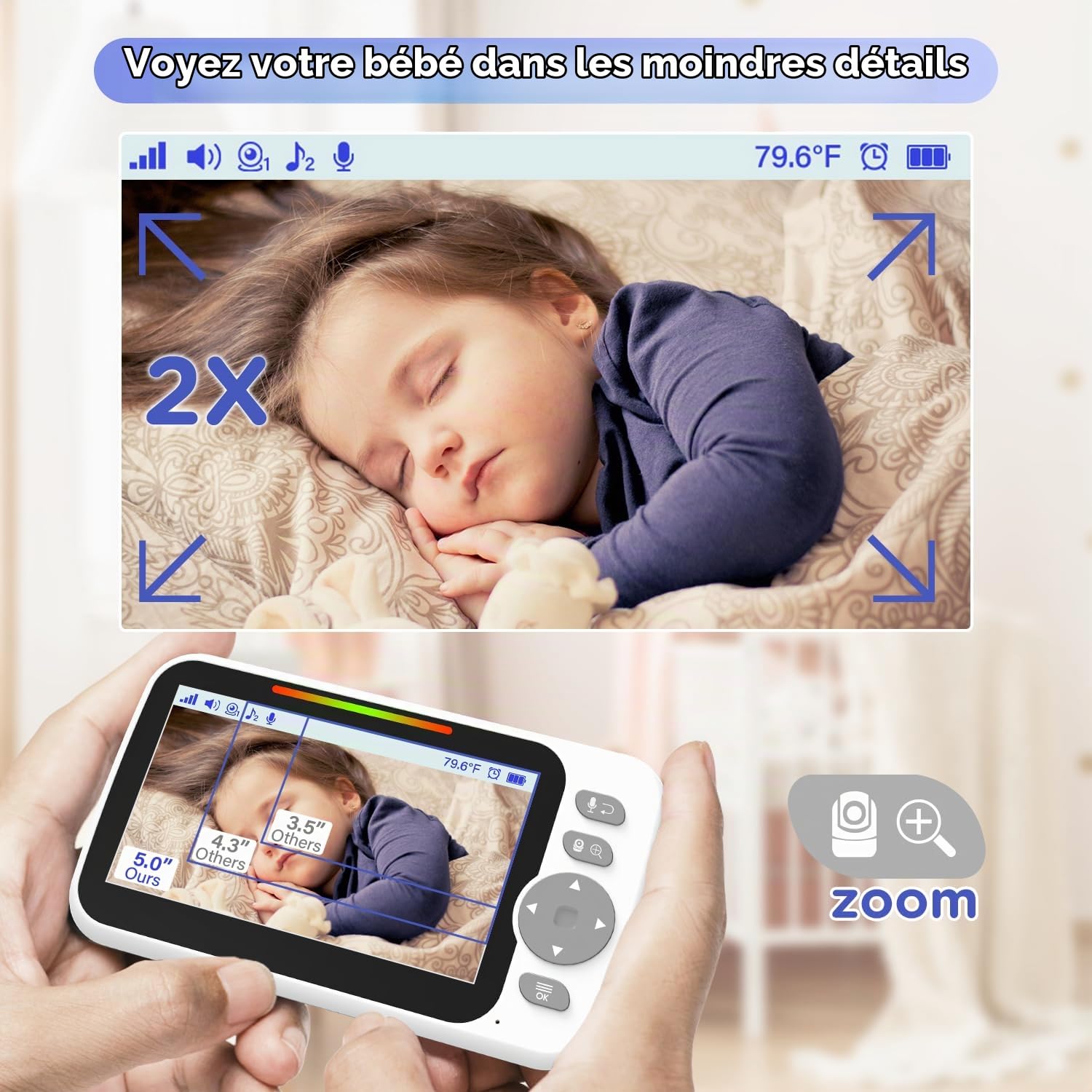 Blemil Moniteur Bébé Vidéo 5'', Écran Partagé, Modèle Amélioré, sans WiFi | Babyphone caméra bébé, mode ECO, vision nocturne, PTZ à distance, interphone bidirectionnel et berceuses