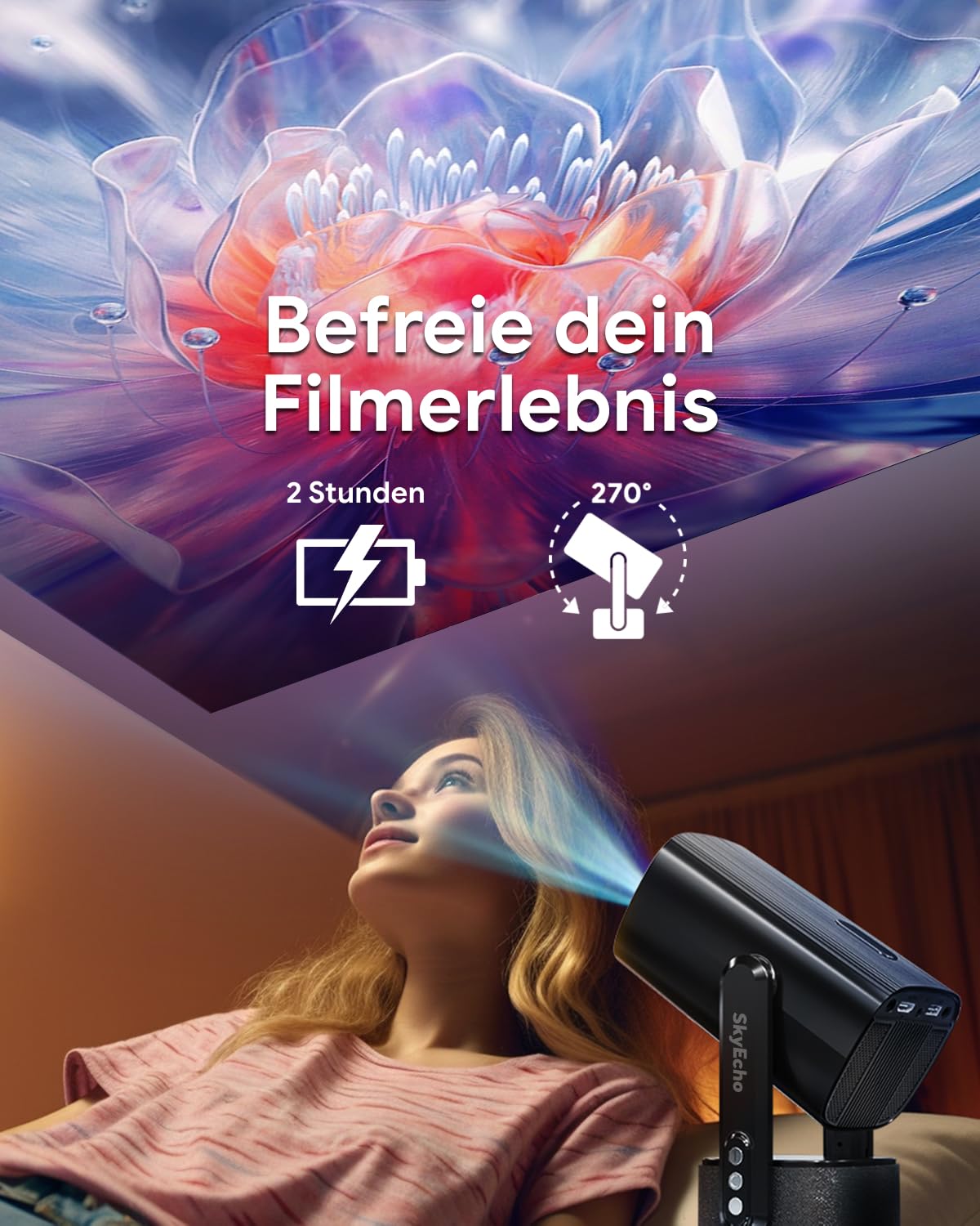 Beamer Mit Akku 【 ±270° Drehbar/Autofokus/Trapezkorrektur/Android Os 】 K2 Smart Projektor Mit WiFi Und Bluetooth, FüR Schlafzimmer Decke DraußEn Tragbar Film UnterstüTzt 1080p 4k Videowiedergabe
