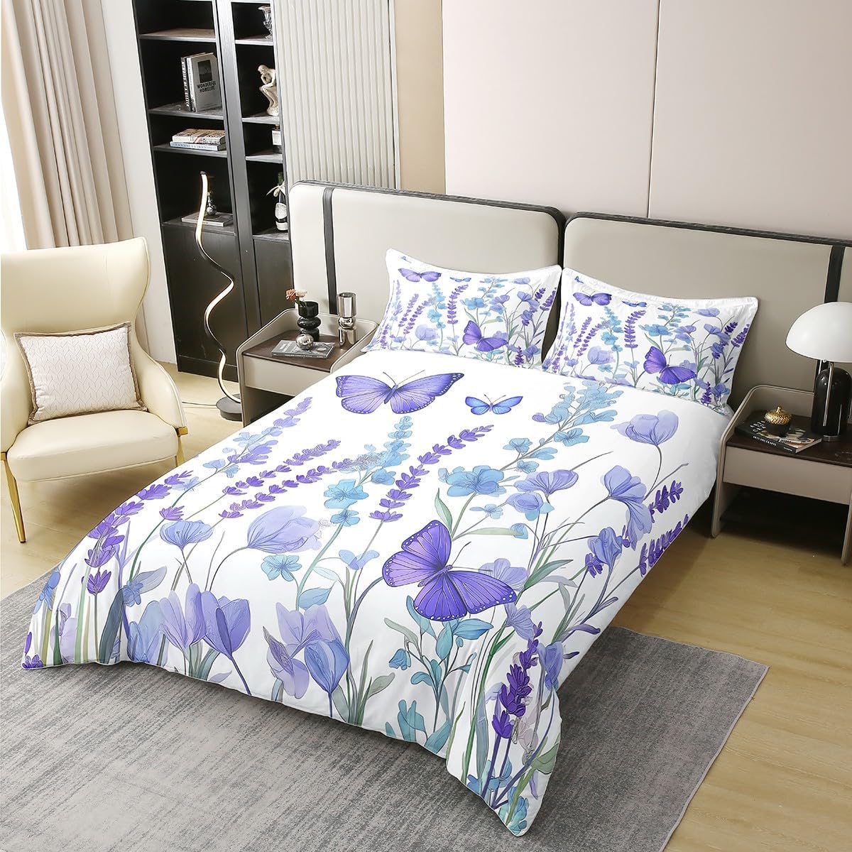 jejeloiu Girls Purple Butterfly Duvet Cover 100% Cotton Full Size Floral Lavender Comforter Cover for Kids Teens Beautiful Butterflies Bedding Set 3Pcs Room Decor Breathable Lightweight Microfiber