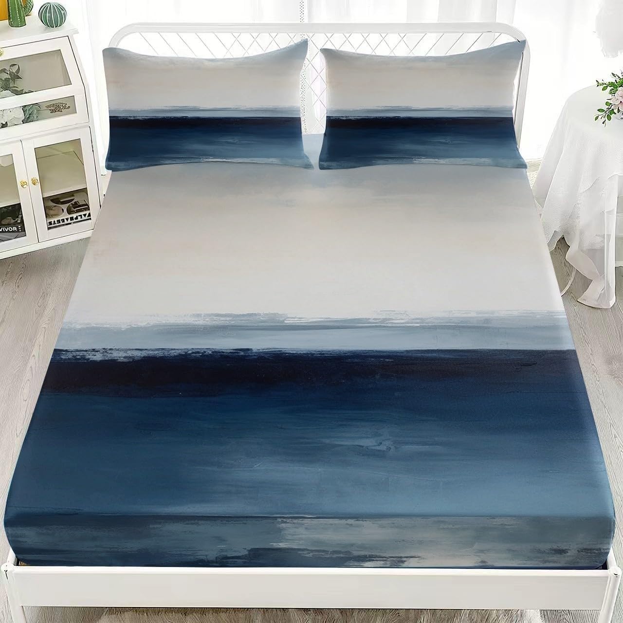Abstract Double Fitted Sheet Seascape Bed Sheets Deep Pocket 12 inch (30 cm) Soft Cozy 3 Piece Microfibre Bed Sheet 135x190 cm with 2 Pillowcases 50x75 cm