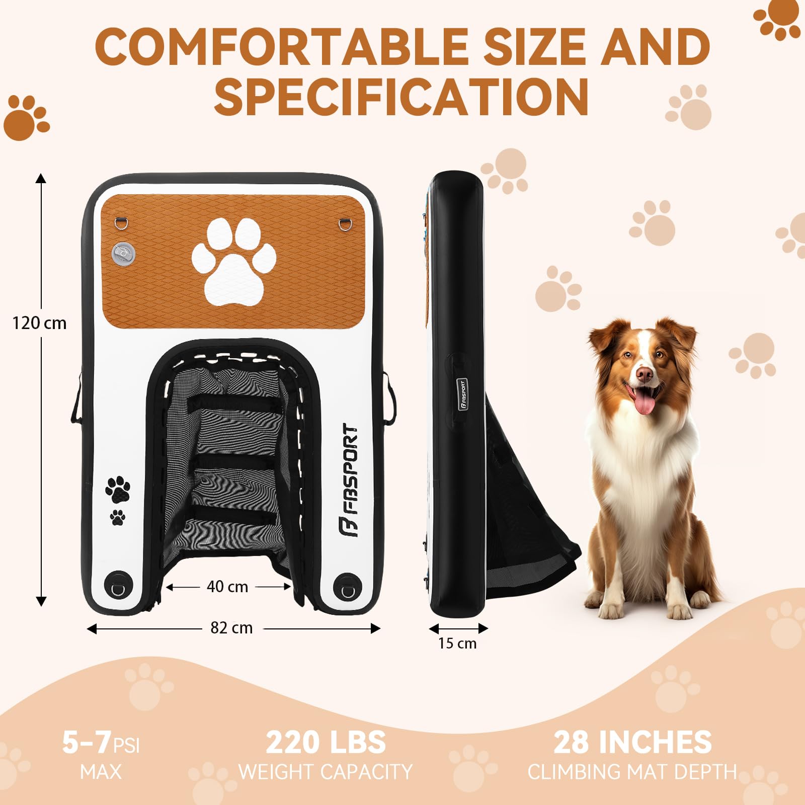 FBSPORT Rampa de Agua Hinchable para Perros, Escalera Flotante para Muelles Piscinas, Barcos, Lagos, Antideslizante de EVA para Perros de hasta 100 kg