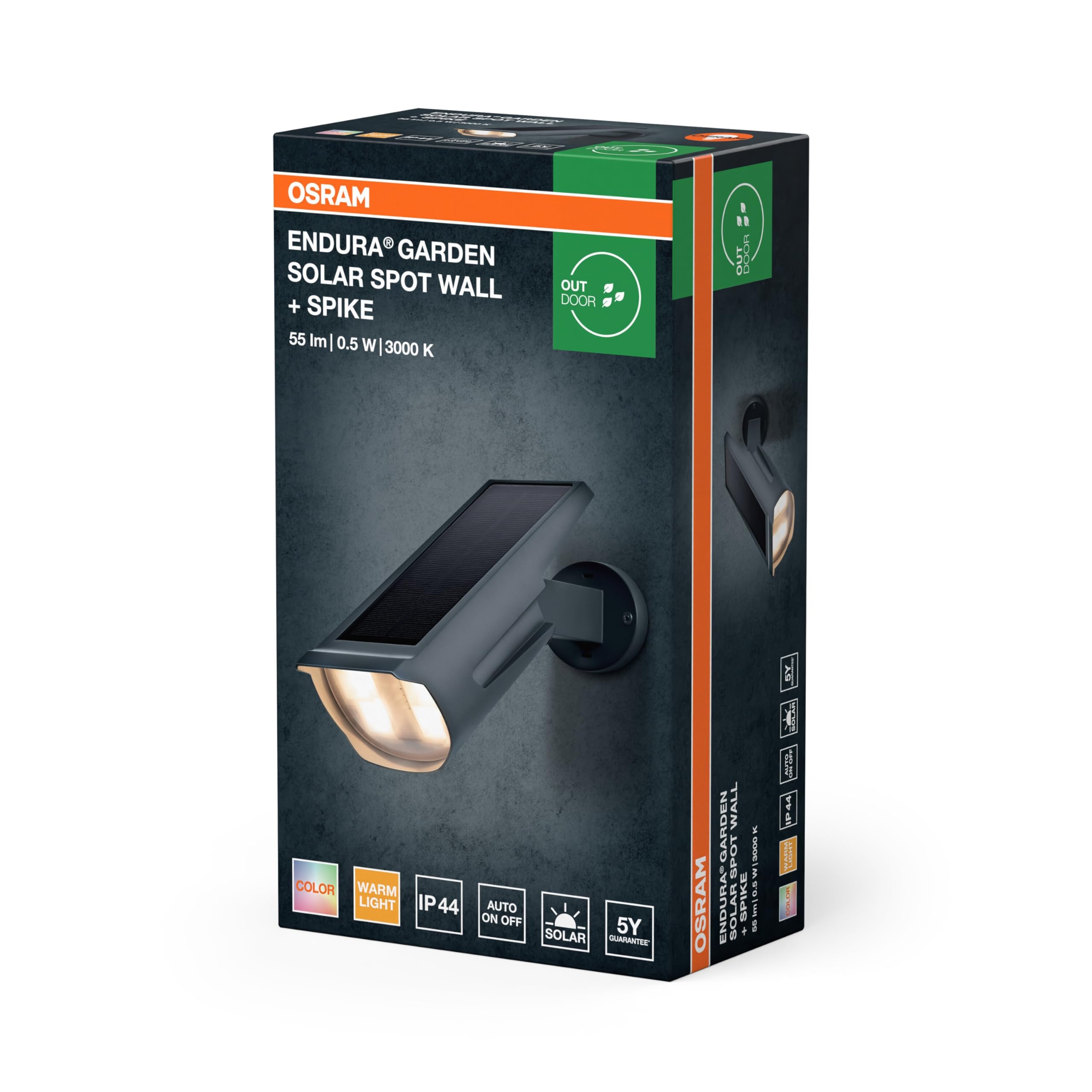 OSRAM Solar Spot RGB e bianco caldo con picchetto da terra e montaggio a parete, sensore di luce diurna, protezione IP44, faretto ad energia solare per giardino e patio