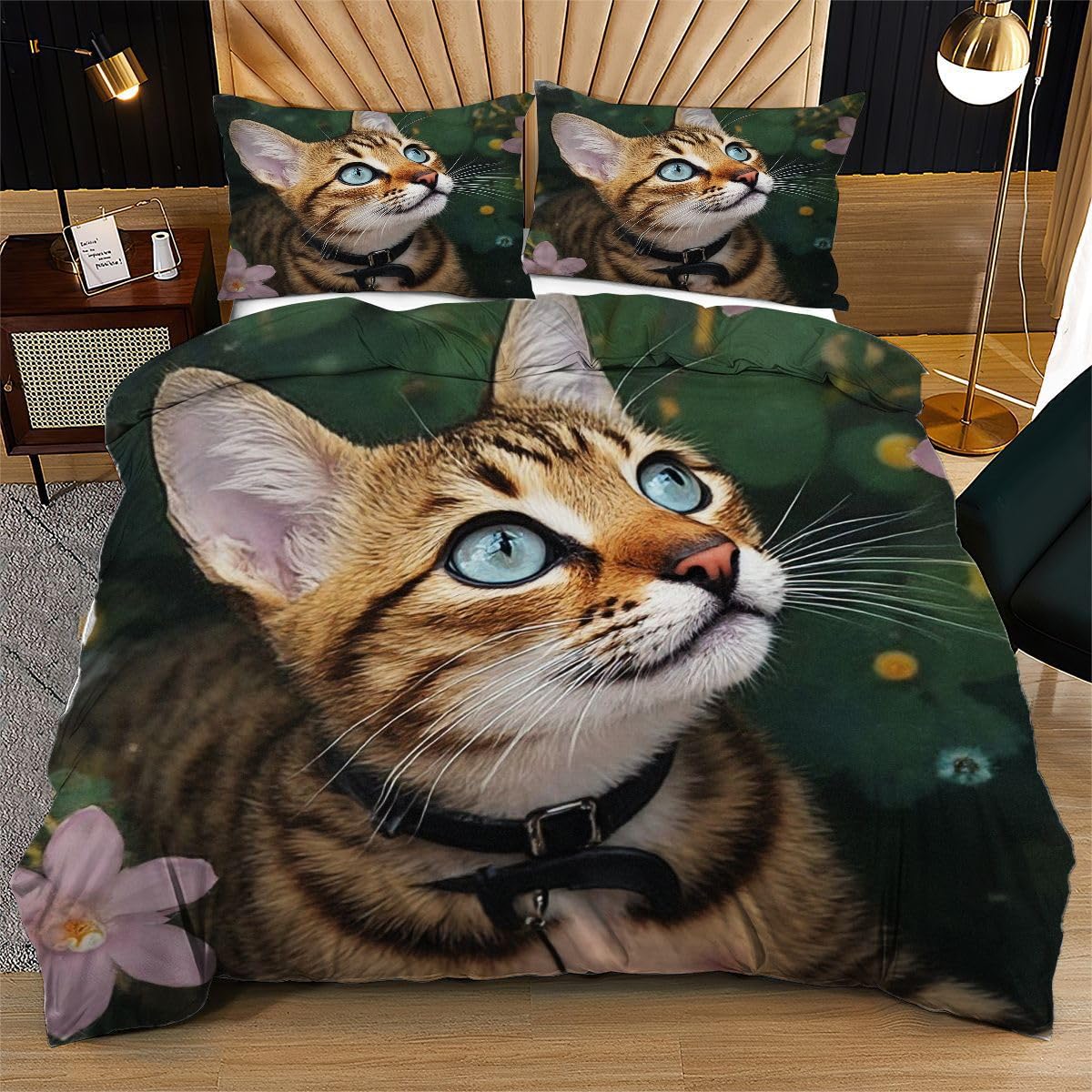 Housse de couette 240x260 chat gris avec taies d'oreiller en microfibre pour lit deux places