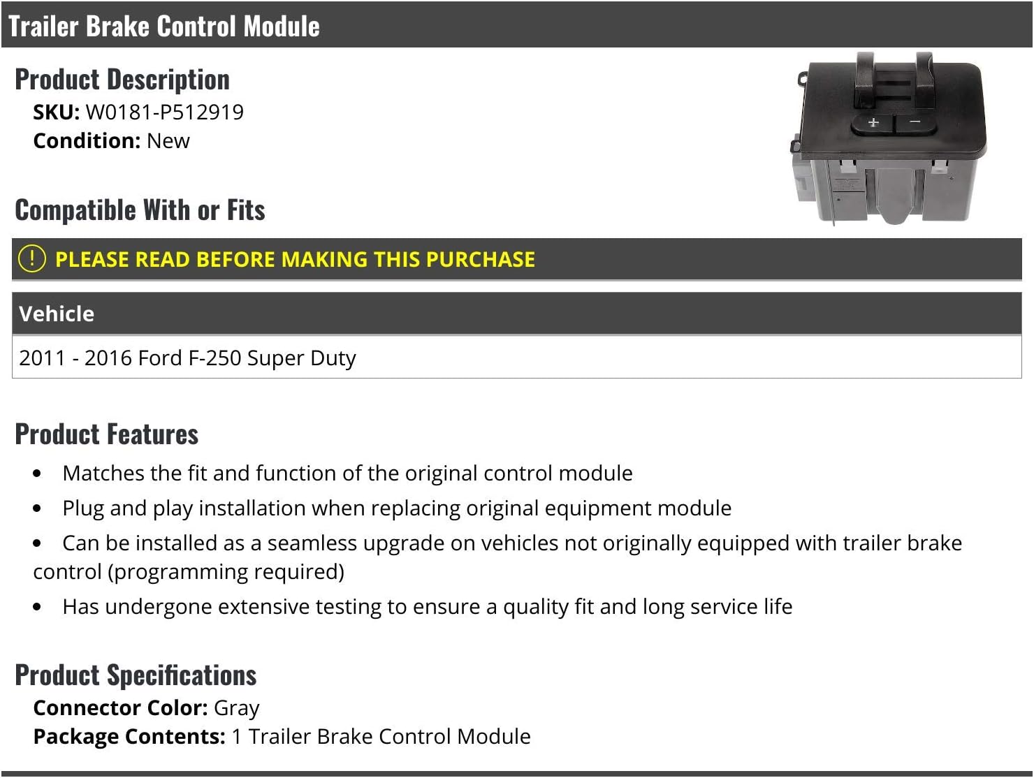 Trailer Brake Control Module - Compatible with 2011-2016 Ford F-250 Super Duty