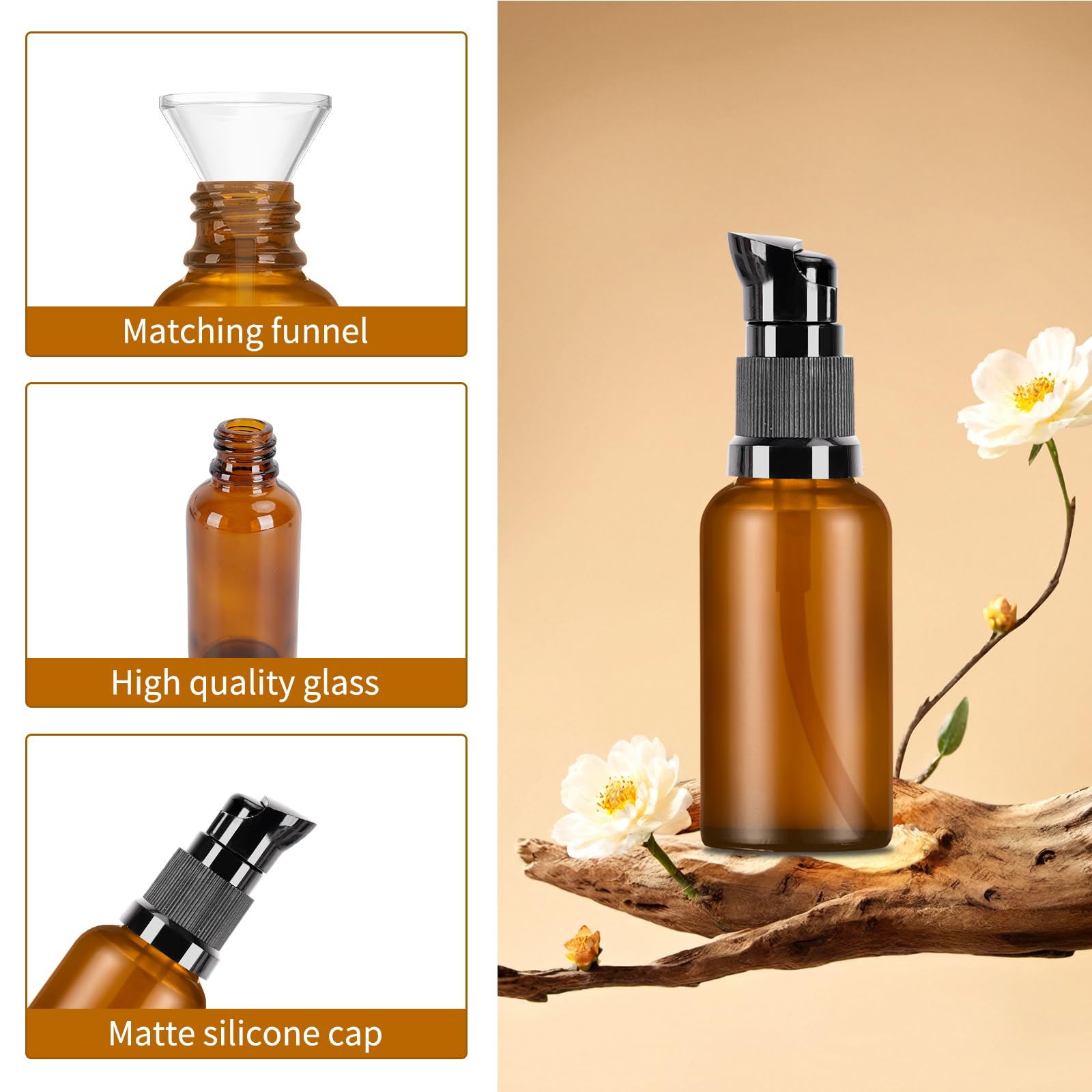 Episkey 8 bottiglie vuote di vetro marrone da 50 ml, dispenser