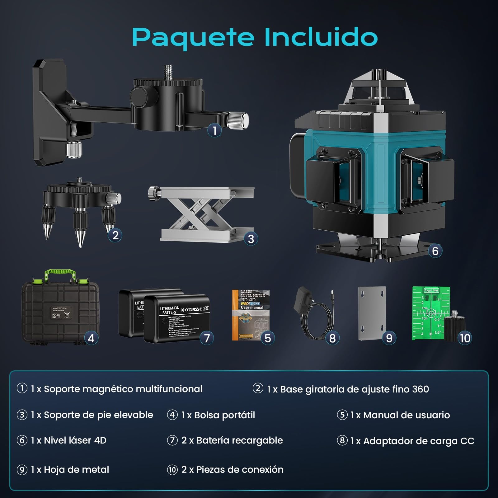 Nivel Laser Autonivelante 360 Grados, Nivel Láser Verde 16 Líneas, 2 x 360 Horizontal y 2 x 360 Verticales, 2 x Batería, Montaje en Pared, Control Remoto, Base Magnética, Soporte Giratorio