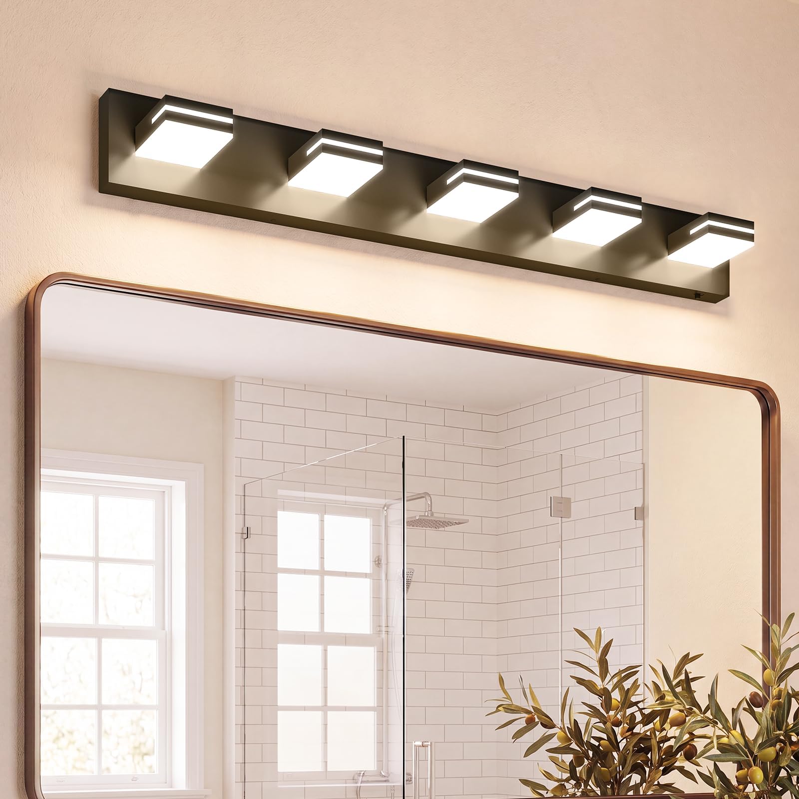 VOLISUN Modern 5-Light, 40-Inch Black Bathroom Vanity Light Fixtures Over Mirror, 5CCT Dimmable, Energy Efficient, ETL Certificated