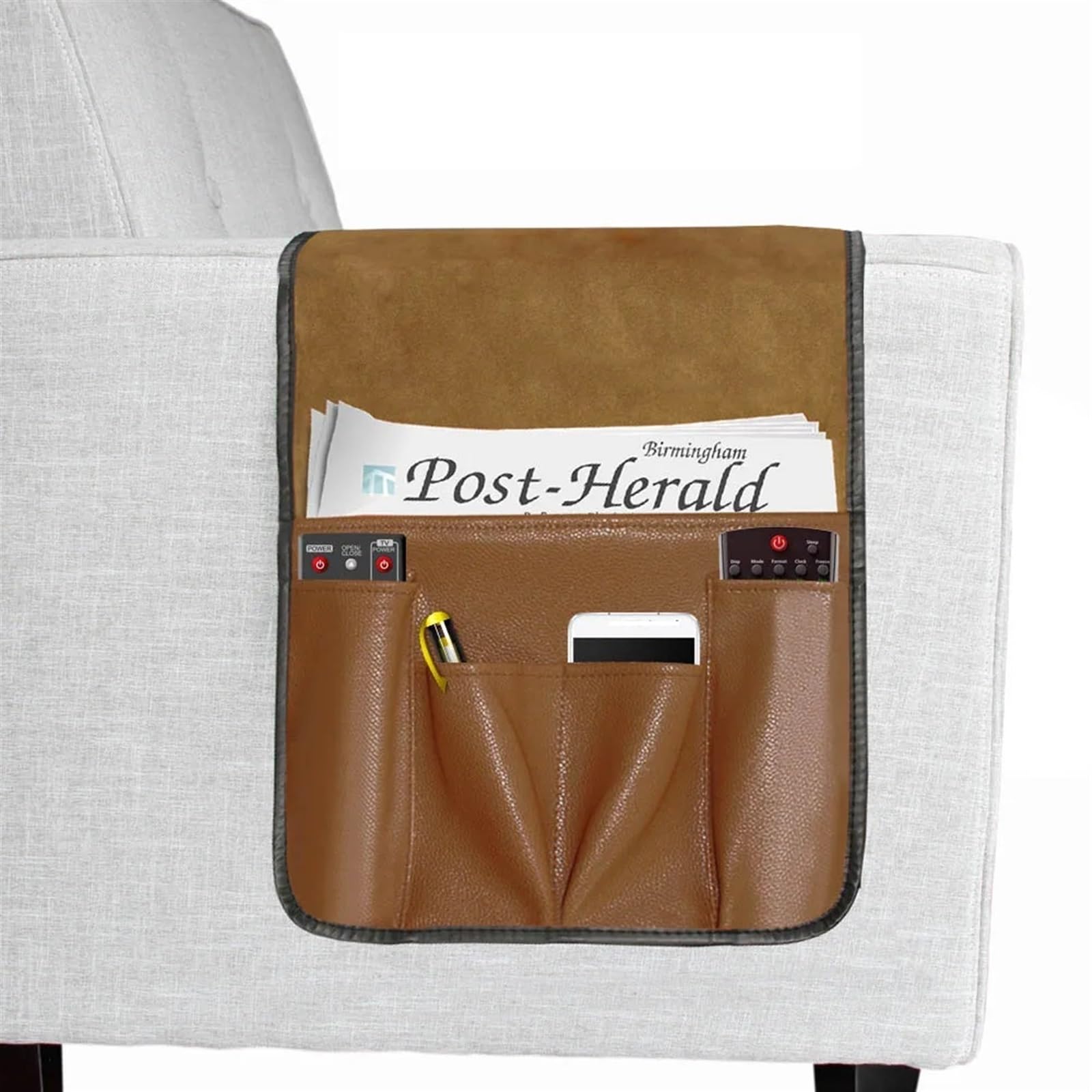 Divano, Poltrona, bracciolo, 6 Tasche, Telecomando, Telefono, Scatola portaoggetti, riviste, Articoli Vari, Borsa Organizer(New Coffee PU)