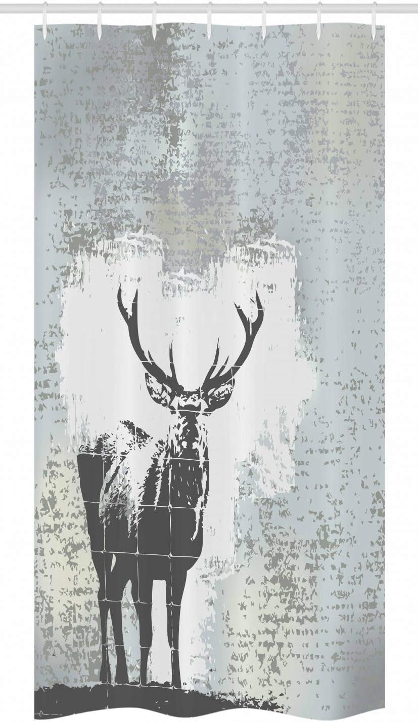 Ambesonne Antlers Stall Shower Curtain, Standing Stag Silhouette Grunge Style Background Shadow Monochromic Illustration, Fabric Bathroom Decor Set with Hooks, 36" W x 72" L, Grey Black