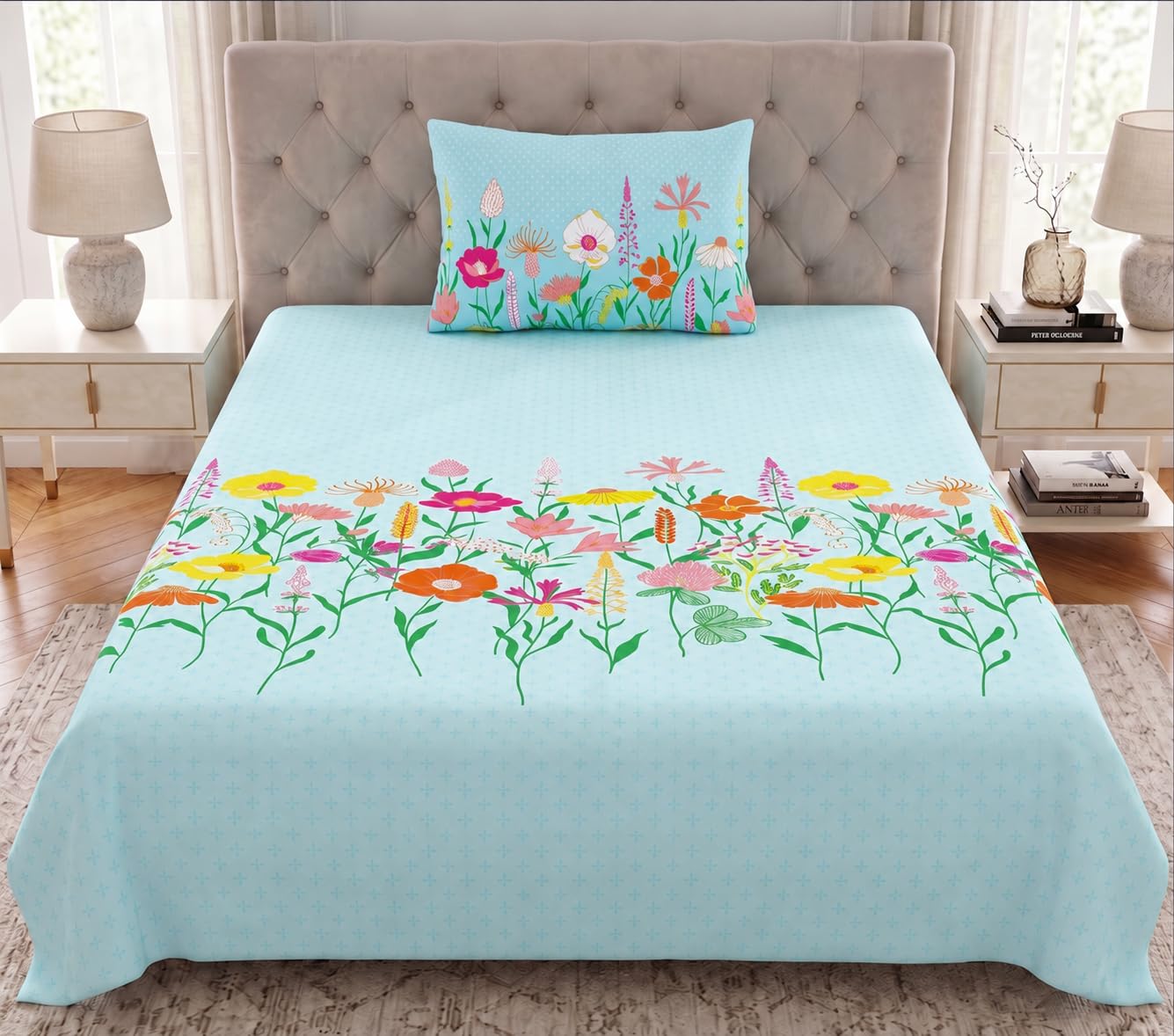 Home Ecstasy King Cotton Bedsheet Set - Light Blue -14