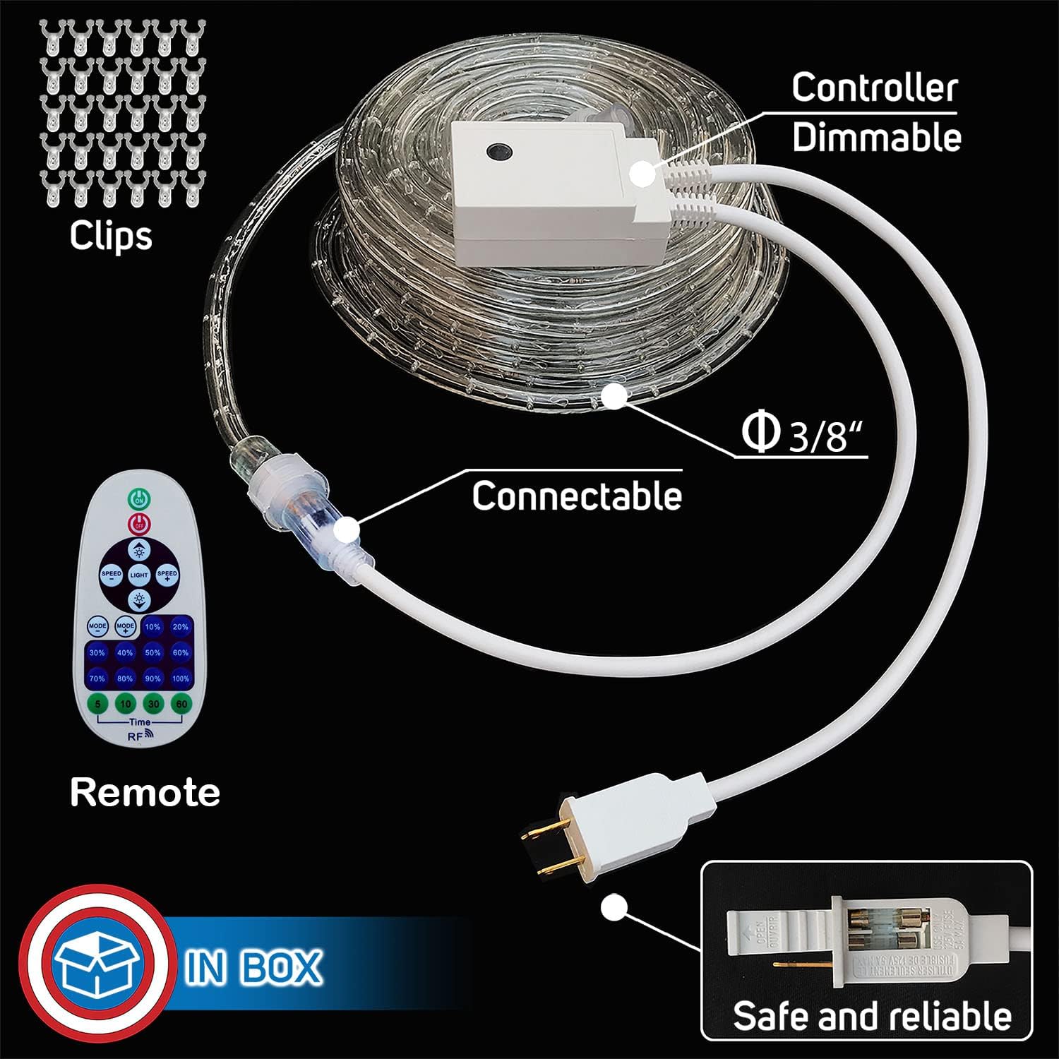 Russell Decor LED Rope Lights Red White Blue Patriotic Lights with 10-Level Dimmable Remote Control Decoration for 4th of July Christmas Outdoor Living Lights (50 feet)