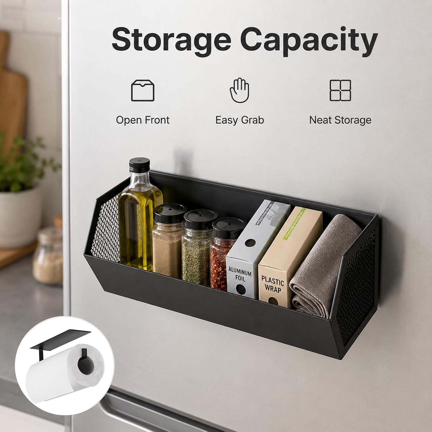 Magnetic Paper Towel Holder for Refrigerator with Shelf, Strong Fridge Organizer, Thick Metal Spice Rack, No Drill Kitchen Storage Basket, Open Design for Rolls, Jars and Wrap