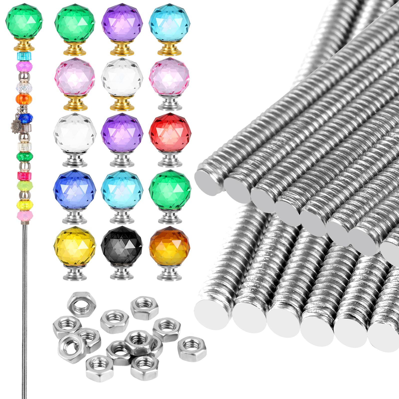 45 Pcs 8/32 Inch Threaded Rod Sets, Include 15 Pcs M4 Screw Rod with 15 Pcs Metal Hex Nuts and 15 Pcs Beaded, Beaded Garden Stakes Decorative