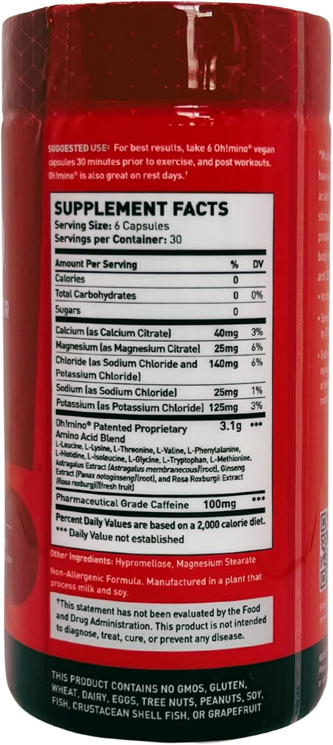 Oh!mino Oh! Nutrition Muscle Synthesis Activator, Electrolyte Capsules with Essential Amino Acids & 100mgs of Pharma-Grade Caffeine, Pre Workout, Post Workout for Men and Women, 180 Vegan Capsules