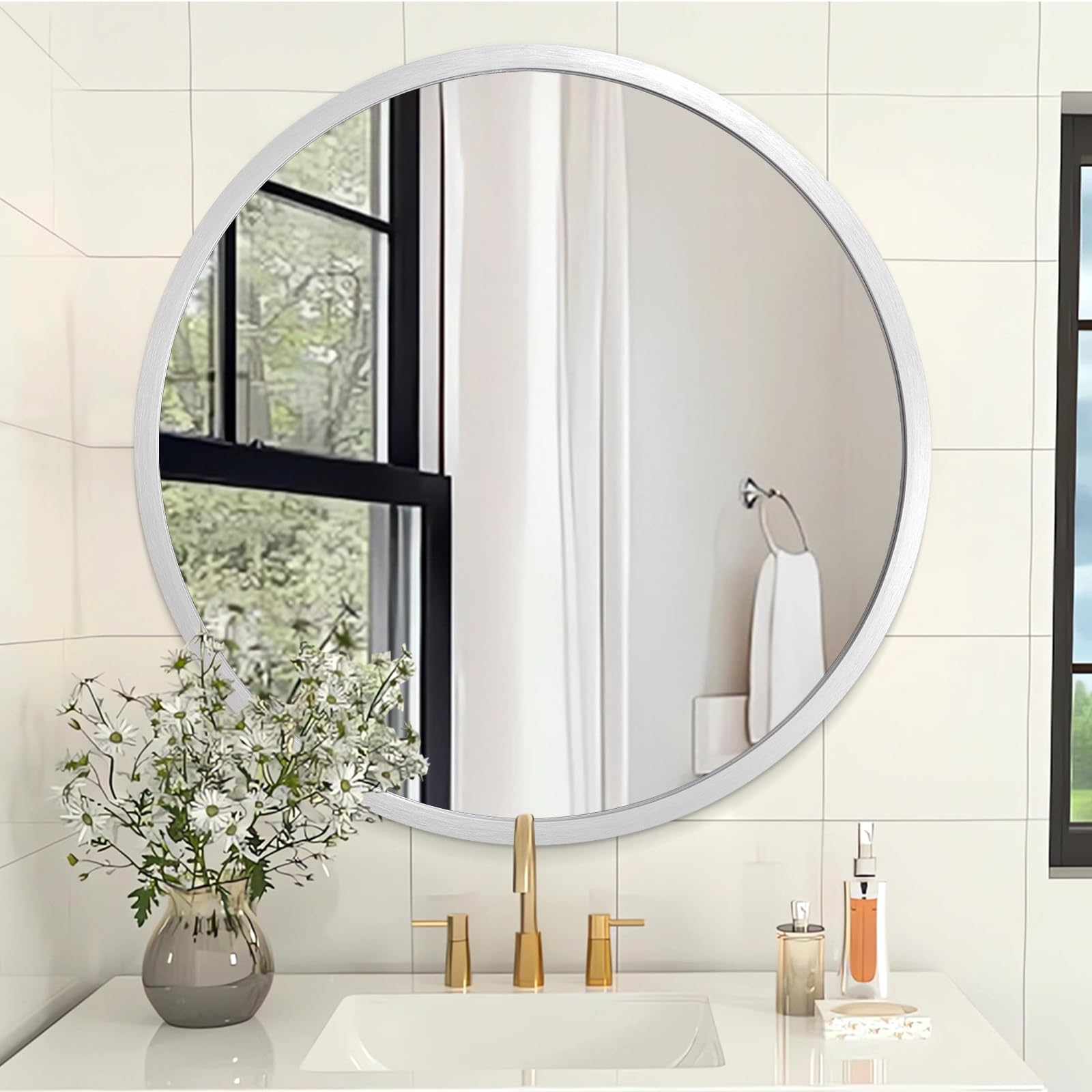 AOAOPQ Mirrors for Wall Mirror 60 x 60 cm Sliver Metals Framed Round Farmhouese Bathroom ative Hanging Mirrors for Bedroom Vanity Entryway