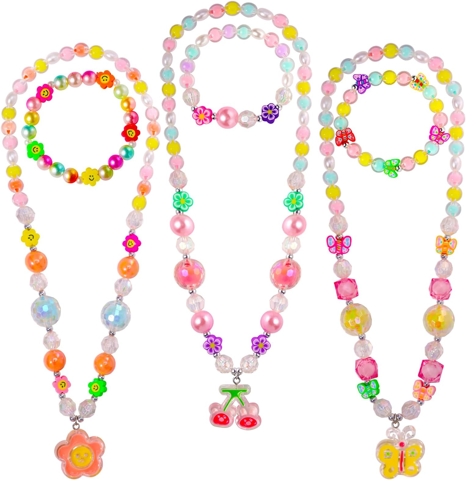 PinkSheep 3PCS Necklaces for Kids Girls Butterfly Flower Cherry Pendant Necklace Set for Little Girls Unicorn Birthday Party Favors Goodie Bag Fillers