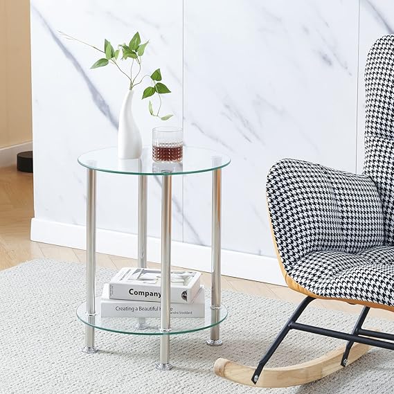 Pantanal Glass Round Sofa Table Side Table with Storage Shelf, Living