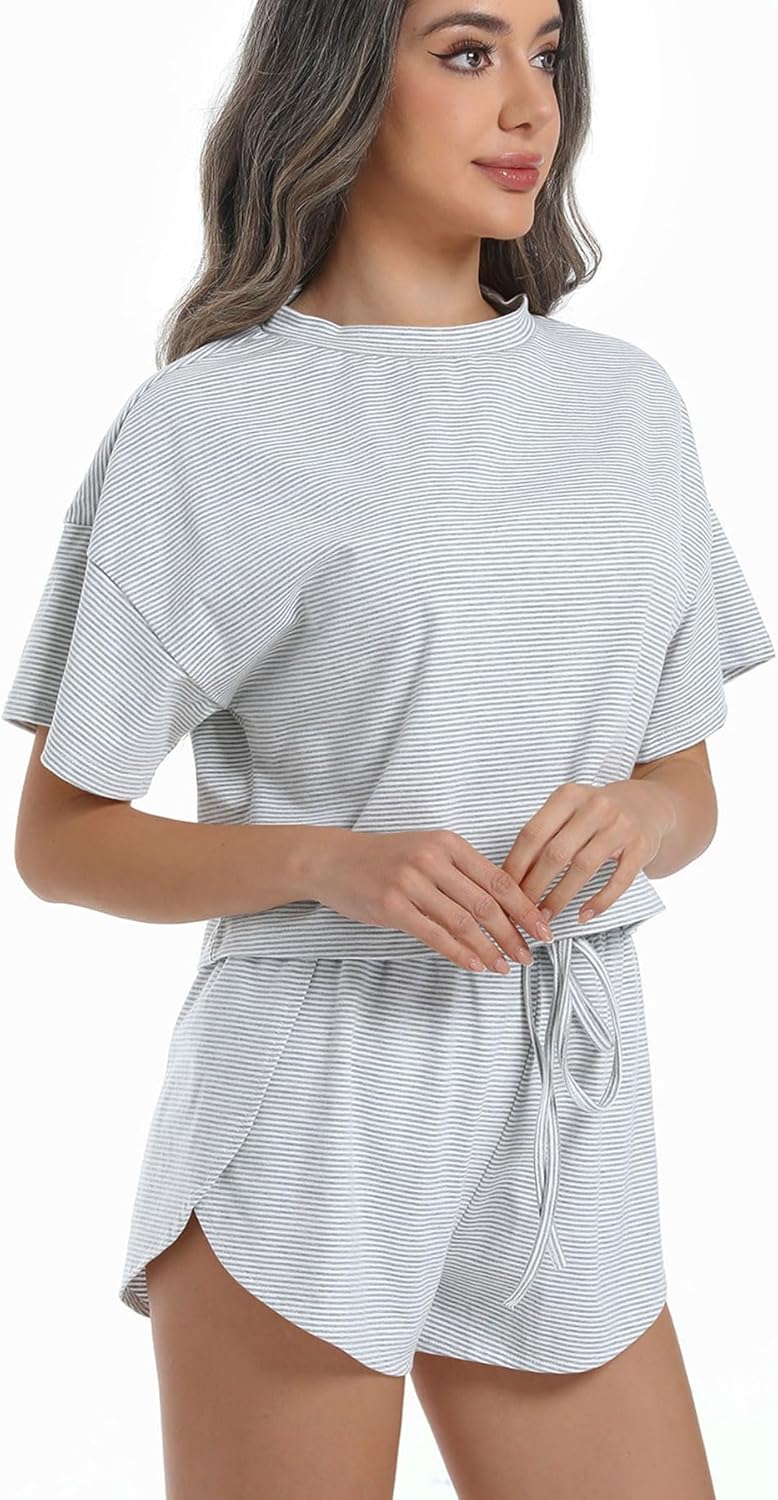 Allmloers Womens Split Short Pajama Set Striped Short Sleeve Crewneck Tee and Side Slit Sleepwear Set 2 Piece Cotton Pjs Set - Image 4