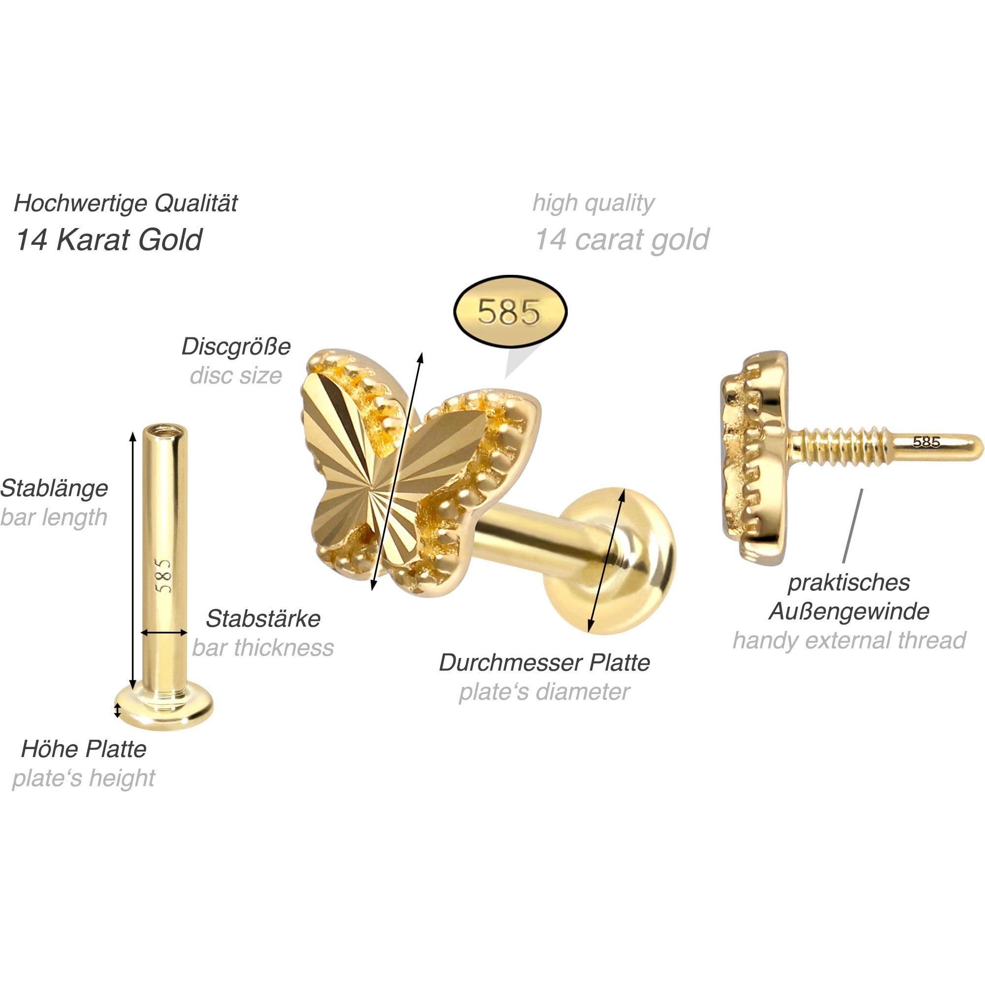 PIERCINGLINE Piercing Stecker 14 Gold Labret mit Innengewinde SCHMETTERLING 585er Gold - Roségoldfarben, Goldfarben, Silberfarben