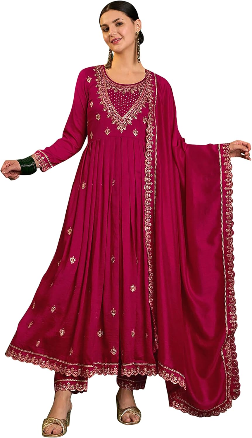 TRENDMALLS Vichitra Silk Embroidery Anarkali Kurta Pant Salwar Suit Set Kurta Set for Women