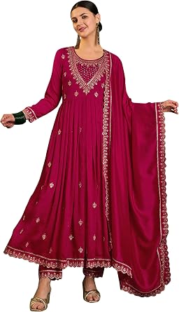 TRENDMALLS Vichitra Silk Embroidery Work Anarkali Kurta Pant With Dupatta