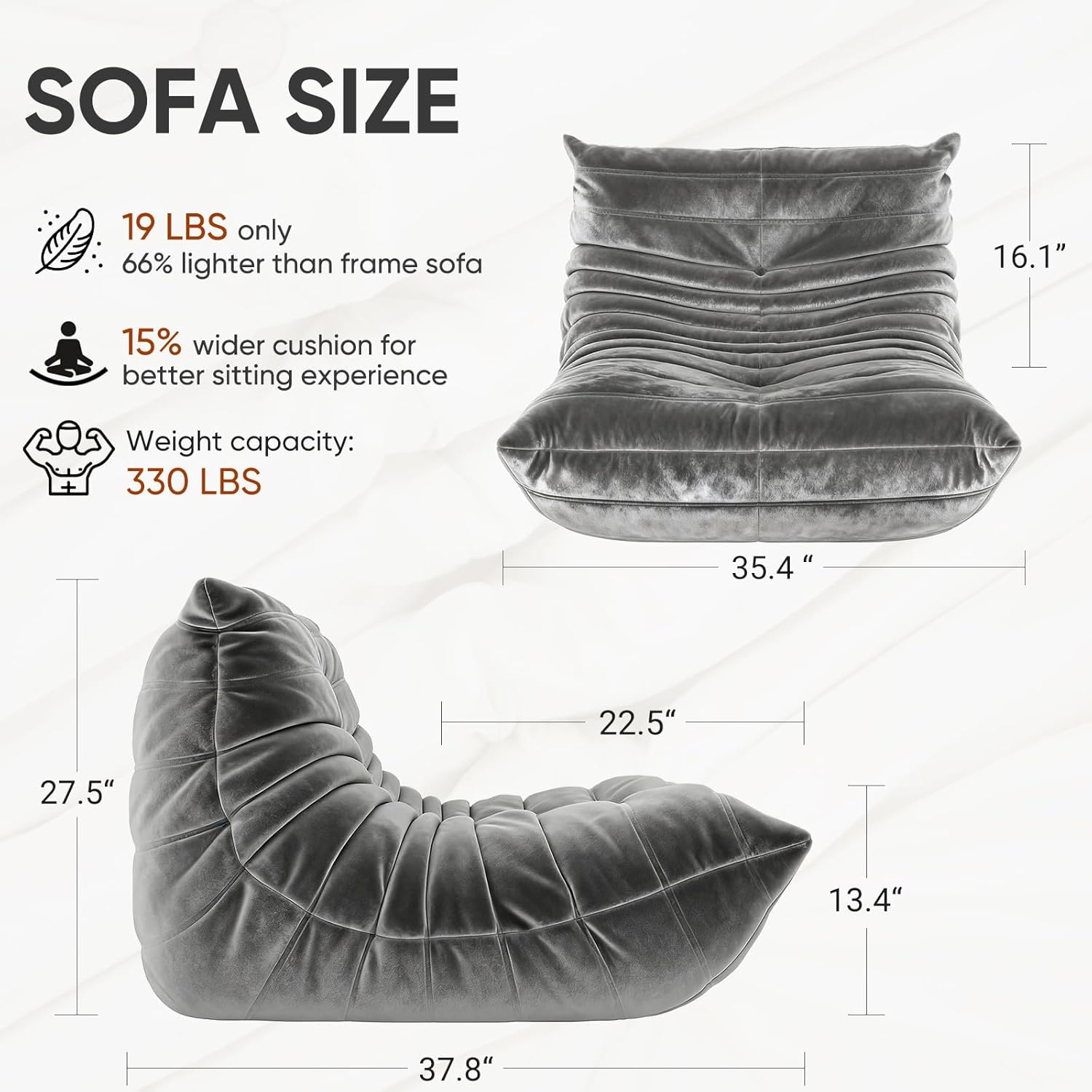 Bean Bag Chairs for Adults - Comfy Foam Bedroom Floor Sofa, Adult Size with Soft Velvet Boneless Beanbag Couch, Versatile for Living Room, Dorm, College, Reading & Gaming (Grey) - Image 2